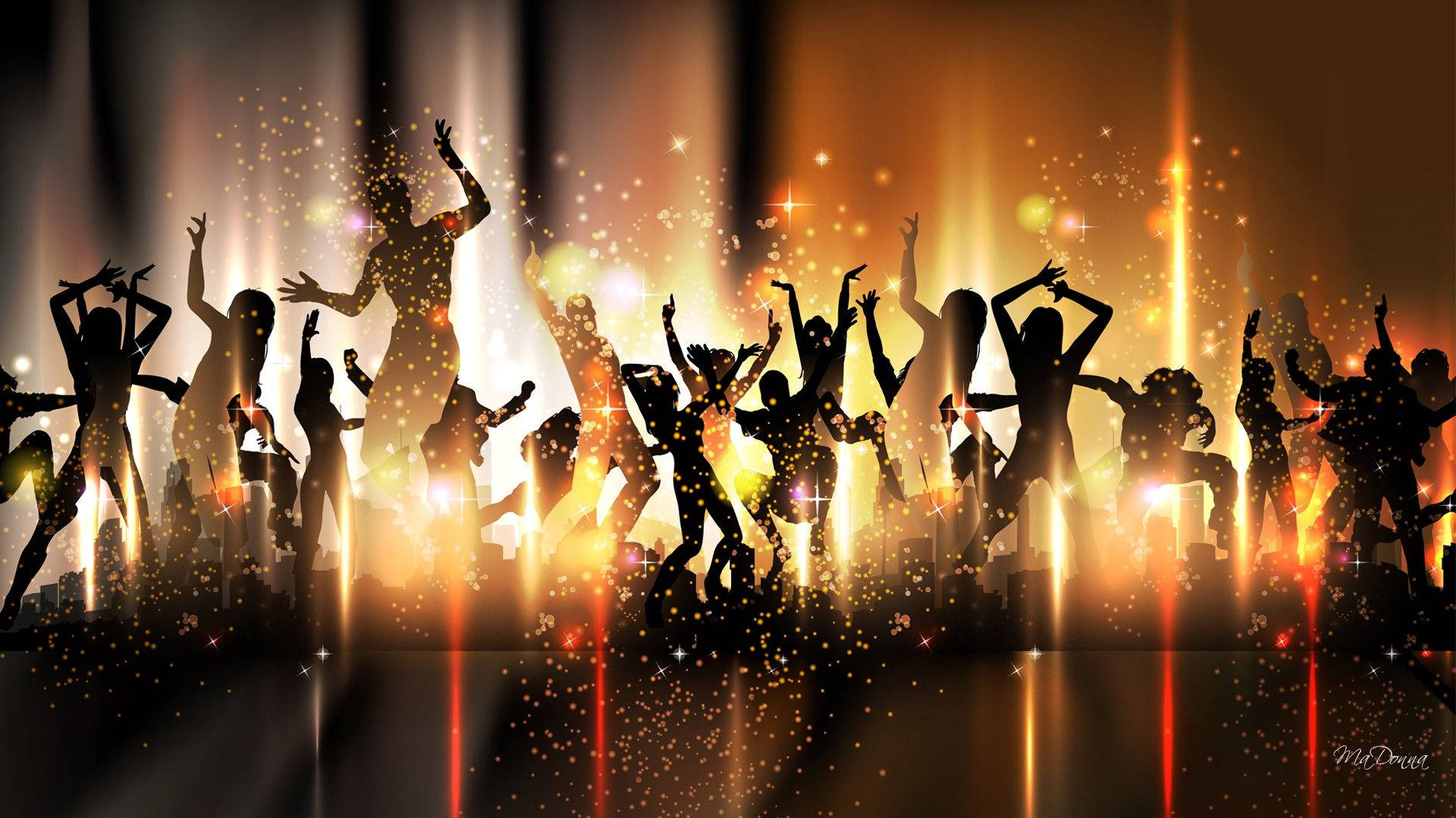 golden stage lights, sparkling particles, vibrant nightclub scene, Full HD Desktop Wallpaper