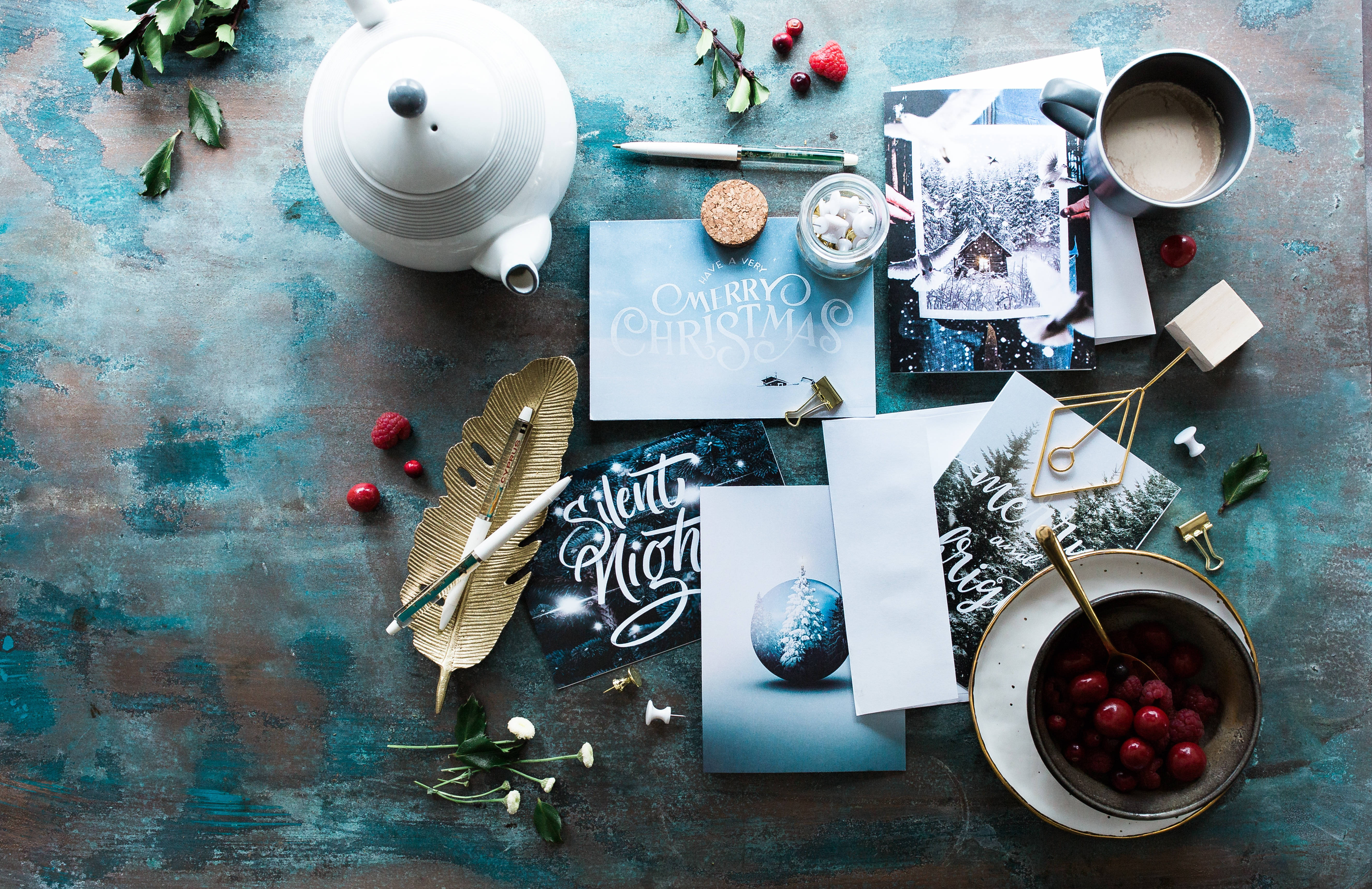 Christmas Tea Party Theme, white teapot, red berries, 5K Desktop Wallpaper