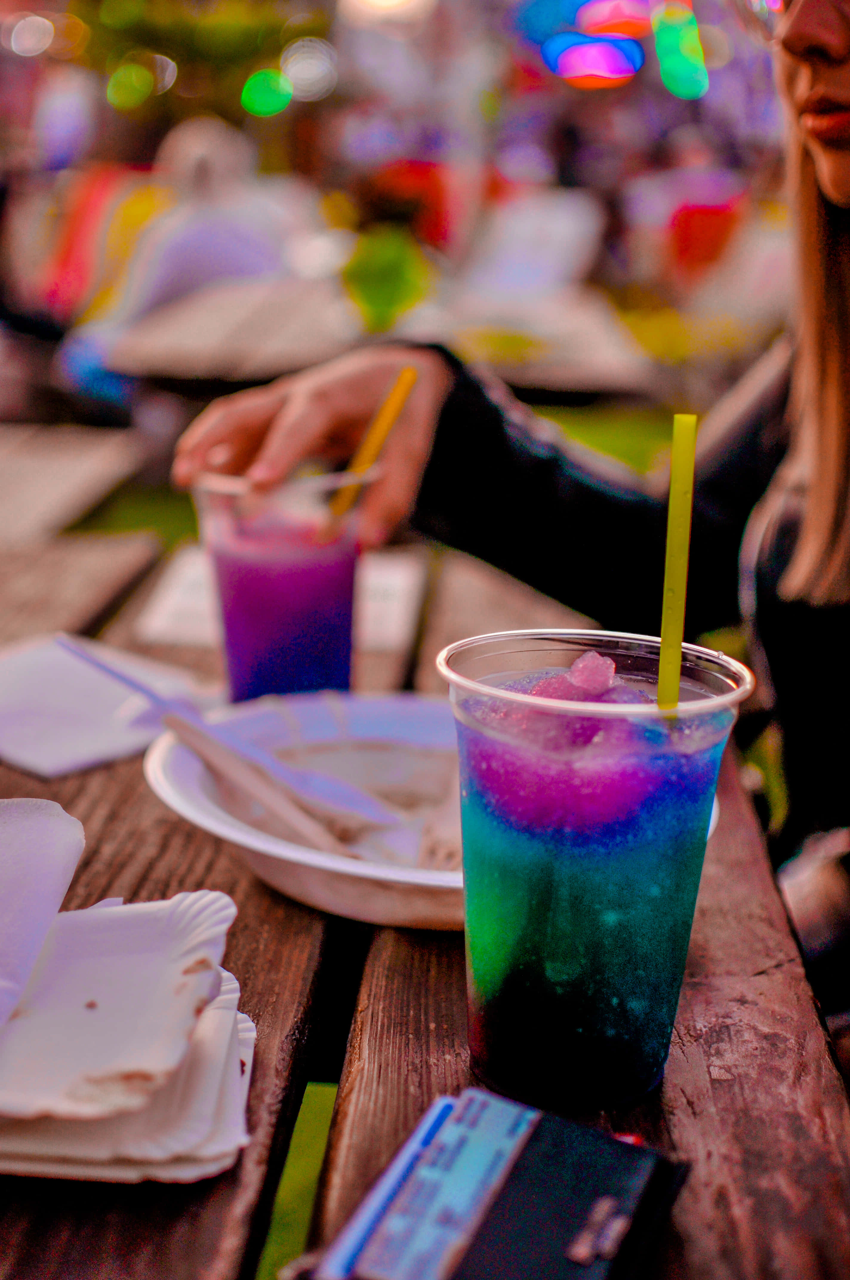 rainbow slushy party, blue and purple layered drink, yellow straw, 4K Phone Wallpaper