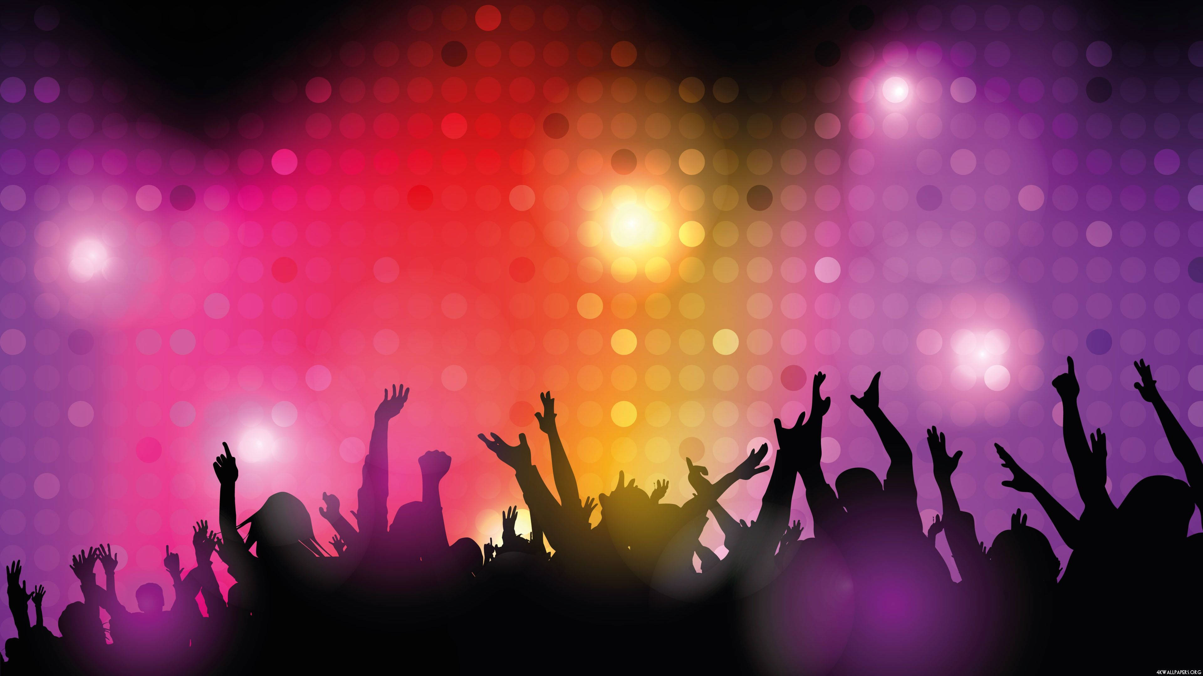 Party Silhouette Art, silhouetted crowd, vibrant glowing stage lights, 4K Desktop Wallpaper