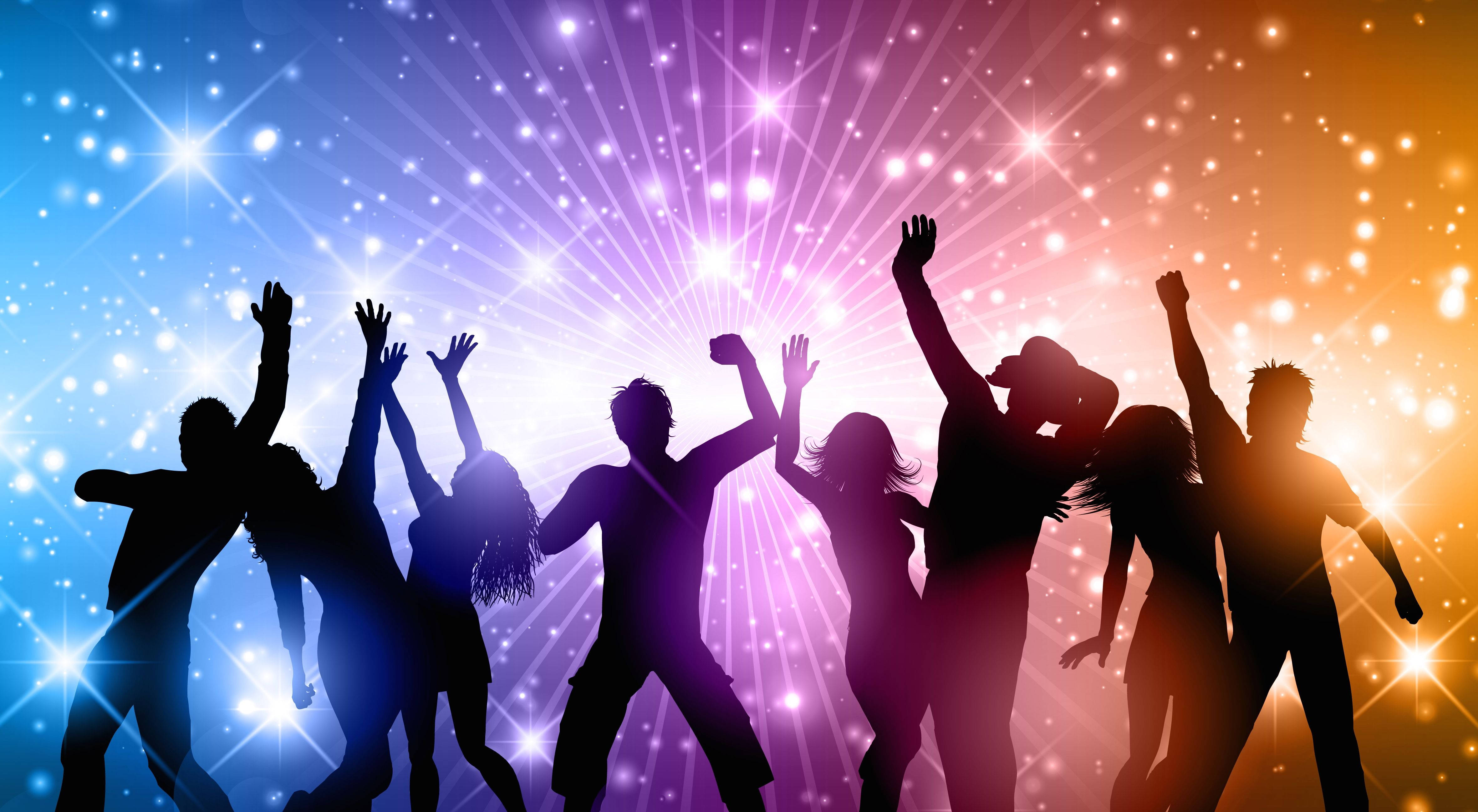 dancing people, party, silhouetted dancers, 4K Desktop Wallpaper
