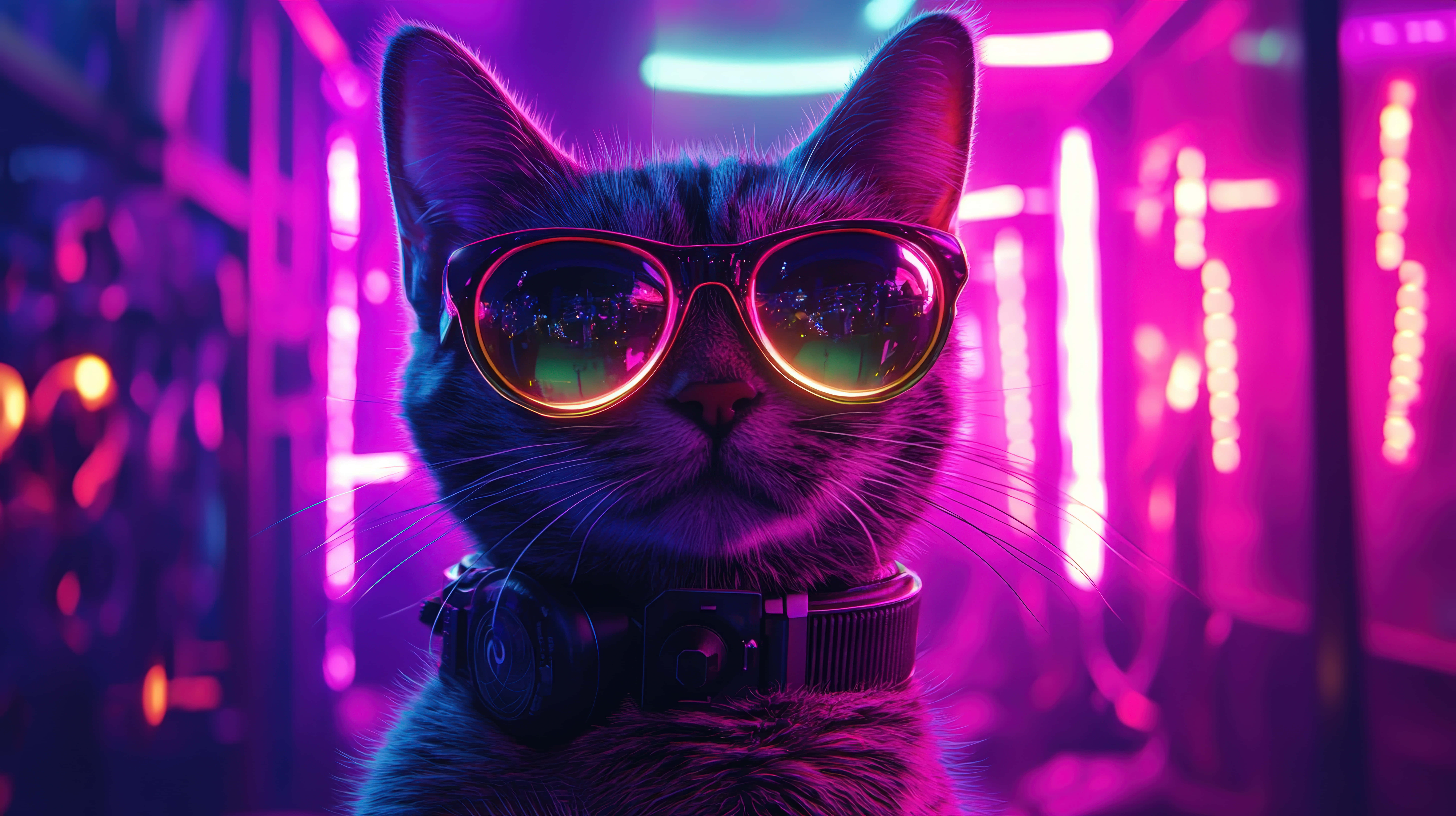 sleek black cat, glowing orange sunglasses, headphones, 8K Desktop Wallpaper