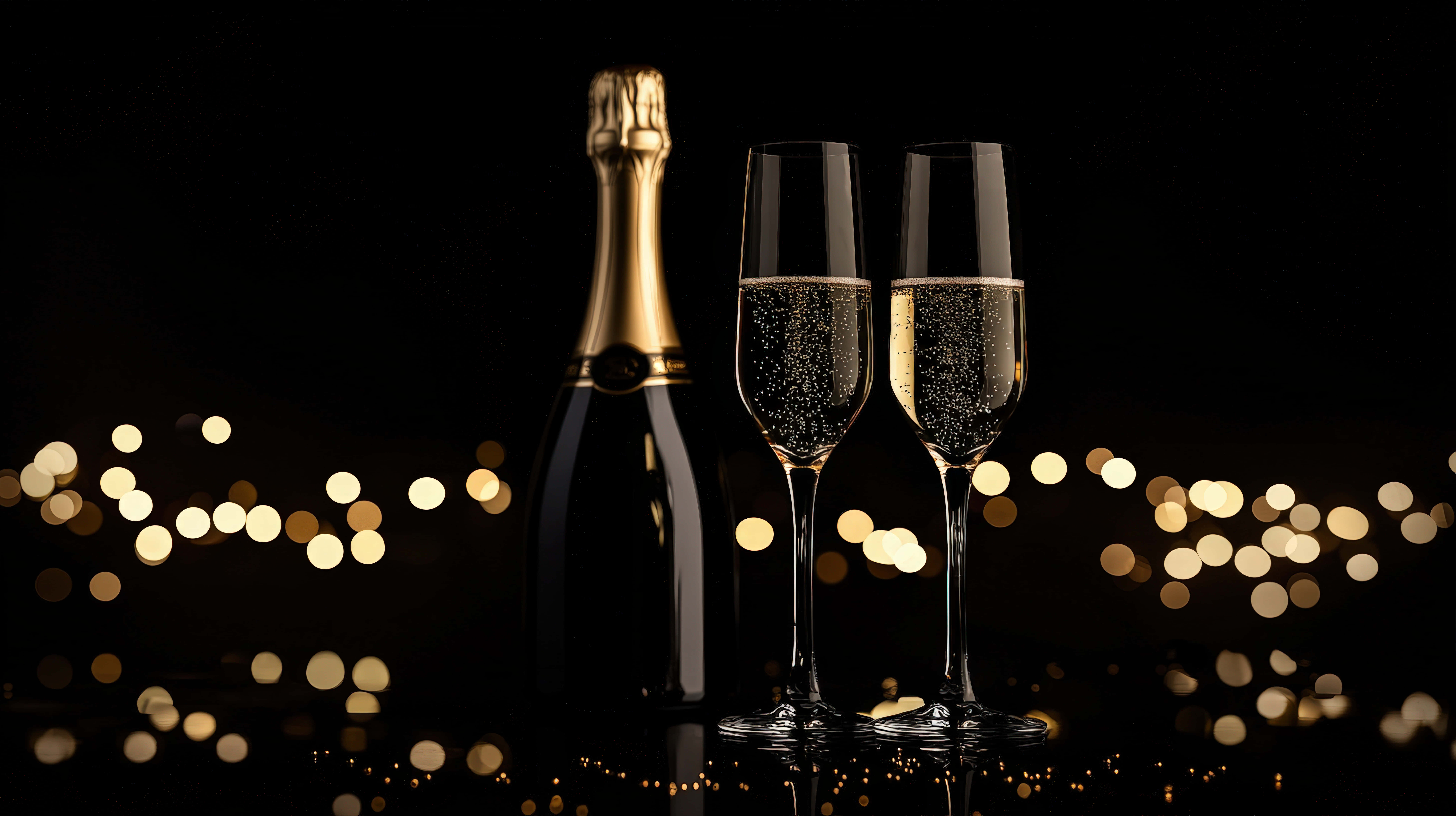 golden champagne bottle, two sparkling glasses, black background, 8K Desktop Wallpaper
