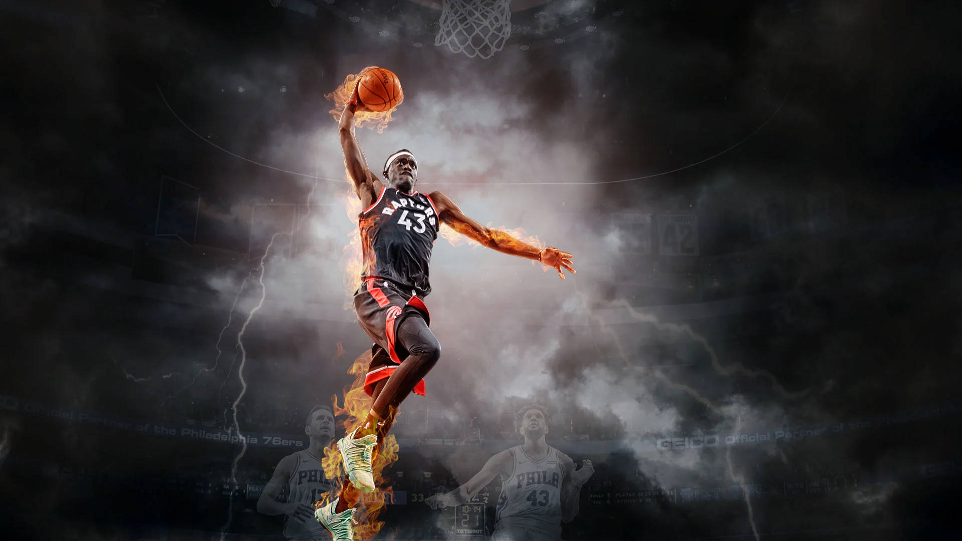 Pascal Siakam, dunking, stormy arena, Full HD Desktop Wallpaper