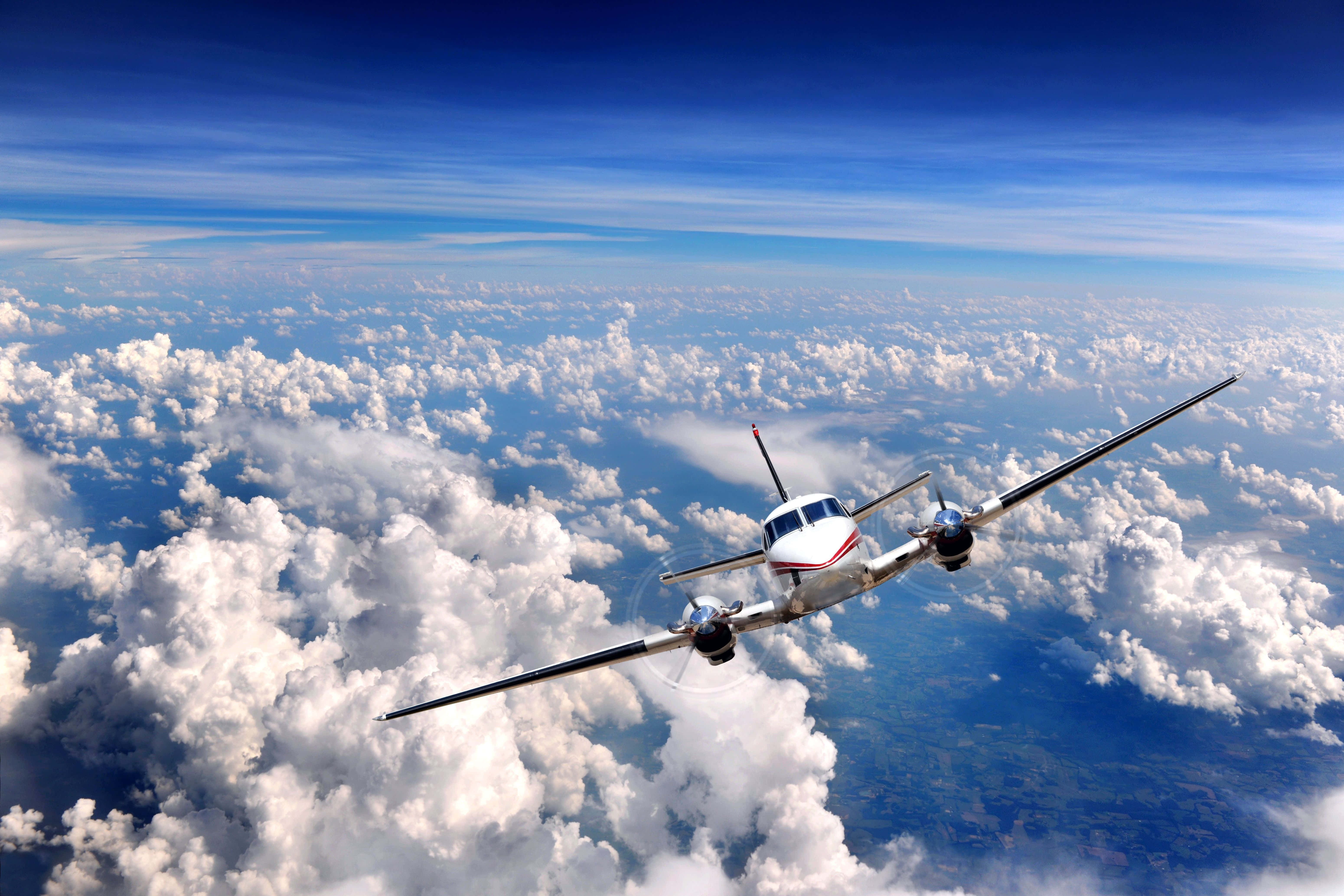 passenger aircraft, white propeller plane, fluffy white clouds, 5K Desktop Wallpaper