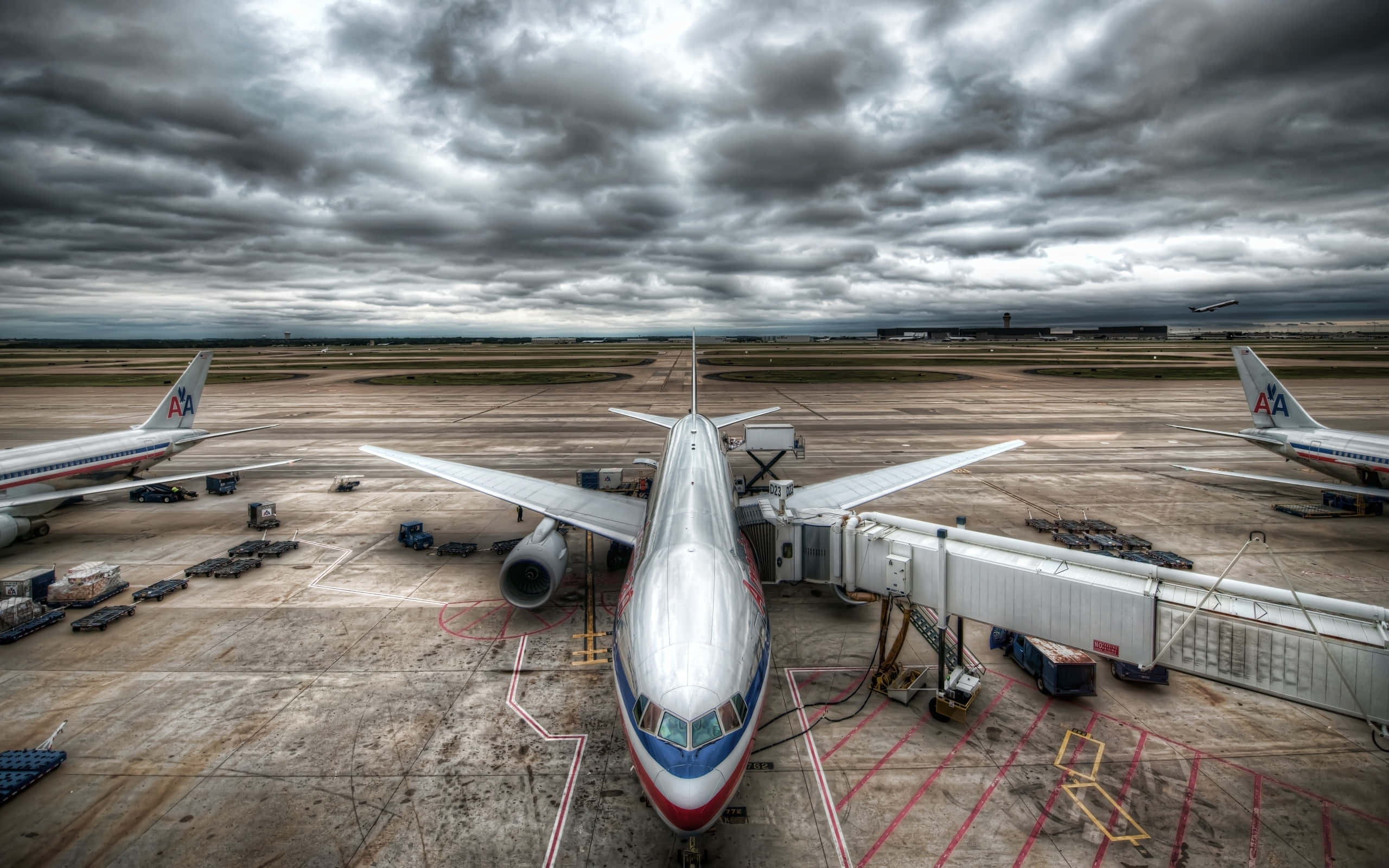 passenger jet, gate, overcast sky, 2K Desktop Wallpaper
