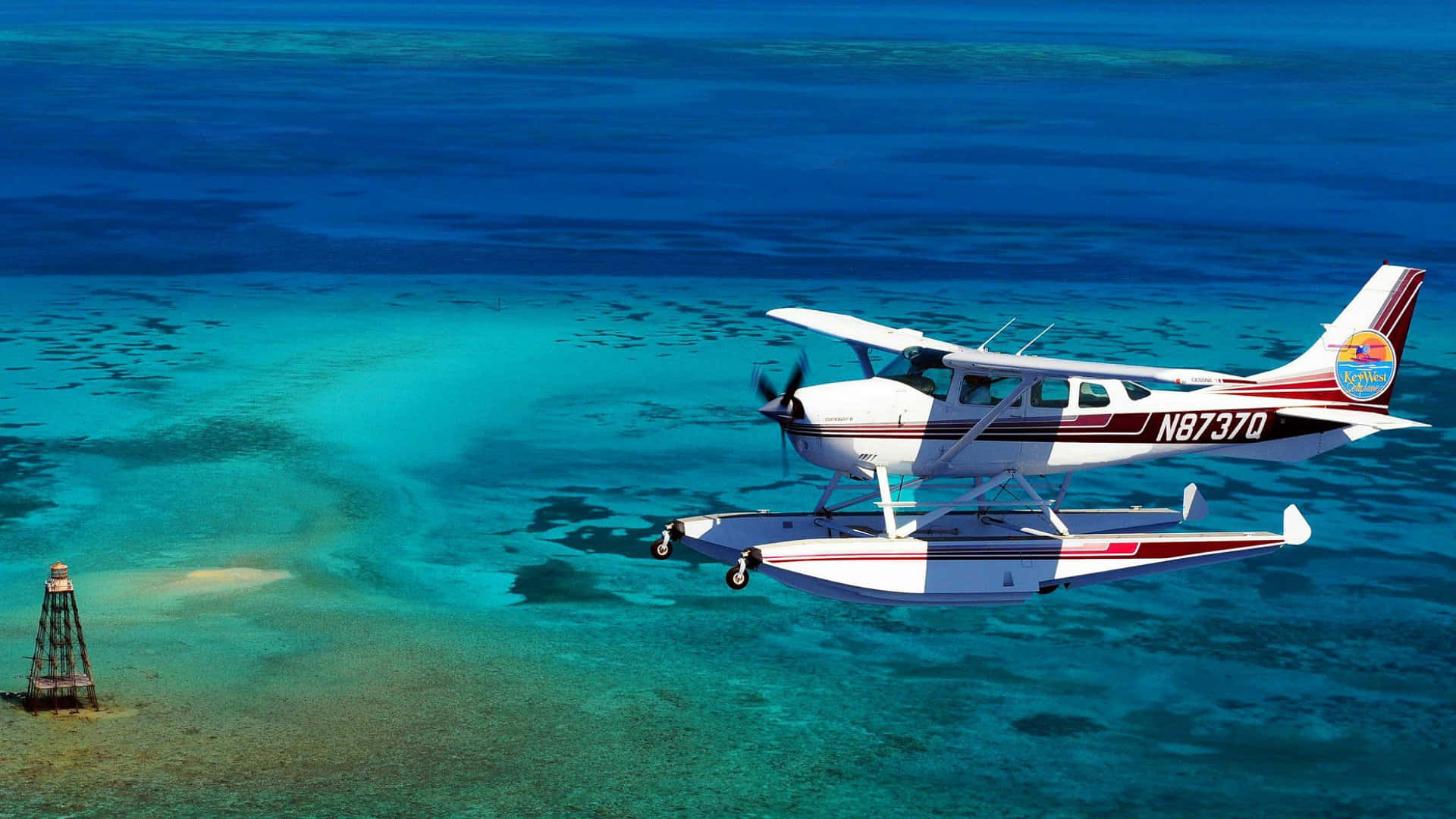 white seaplane, red stripes, vibrant turquoise waters, Full HD Desktop Wallpaper