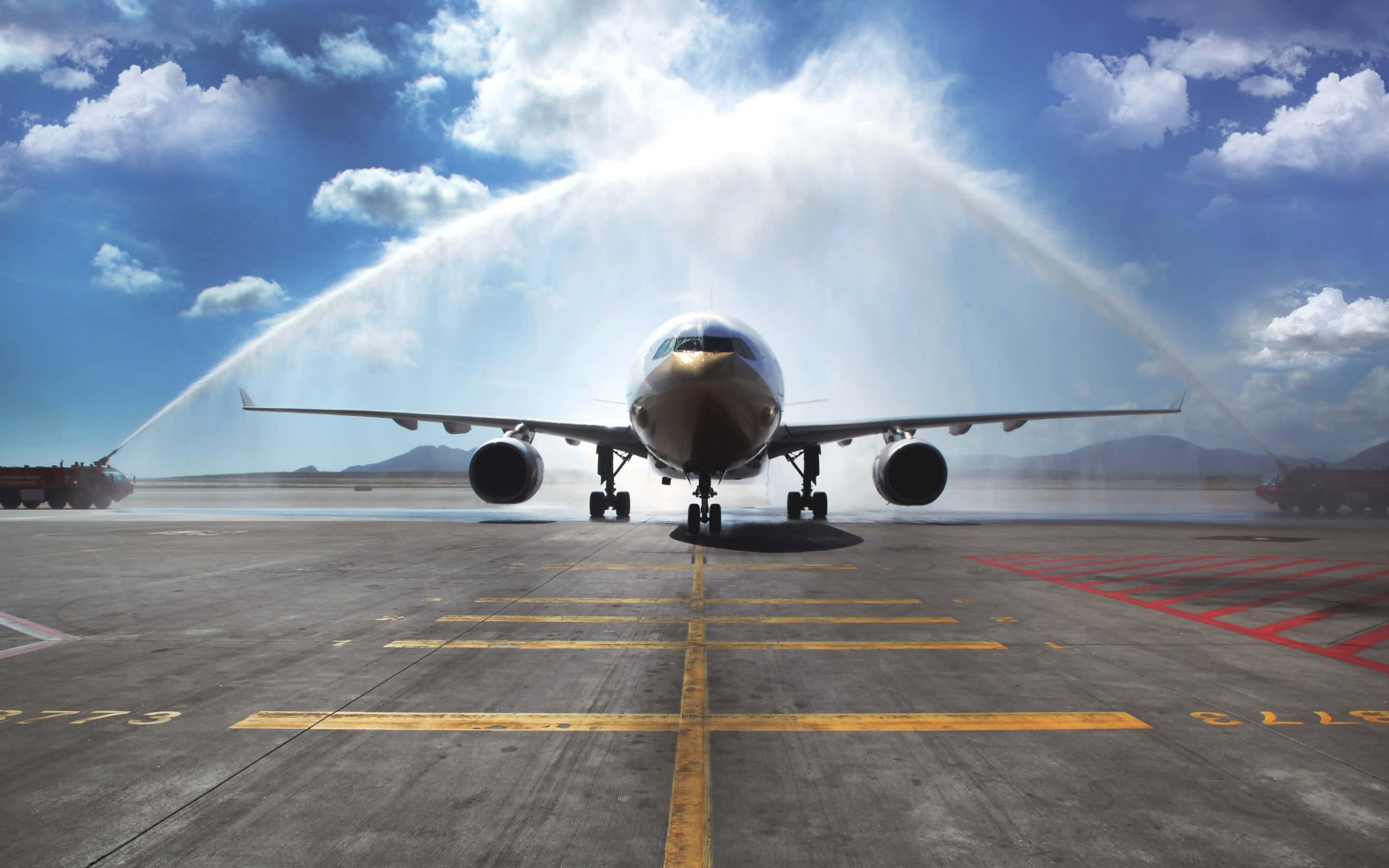 passenger jet, sunny airport tarmac, bright blue sky, 2K Desktop Wallpaper