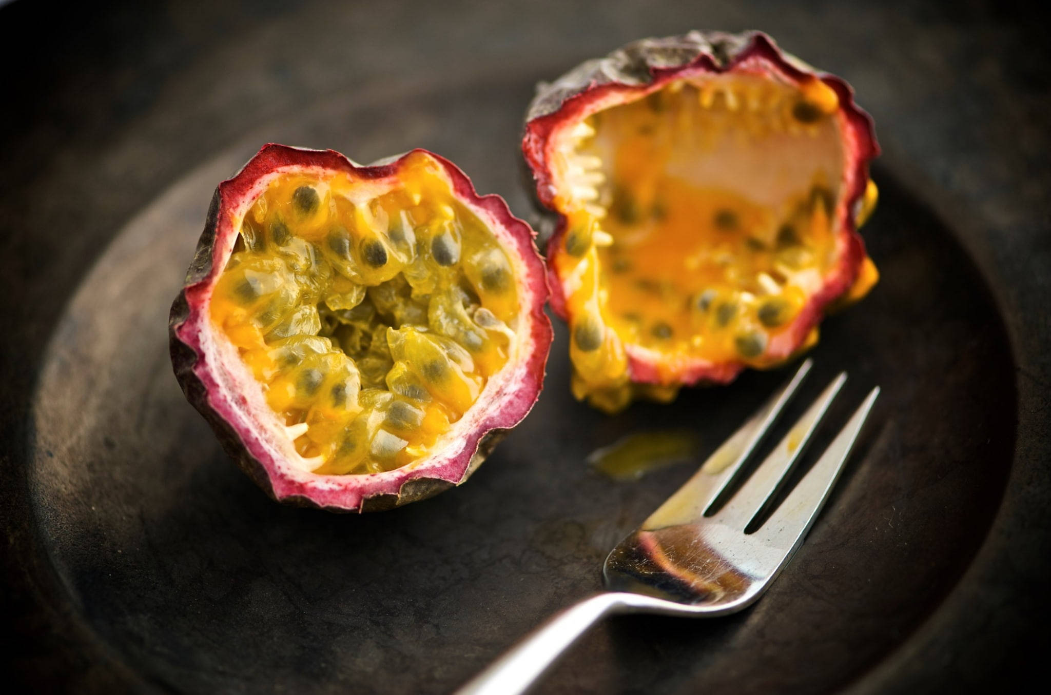 ripe passion fruit, vibrant yellow pulp, black seeds, Full HD Desktop Wallpaper