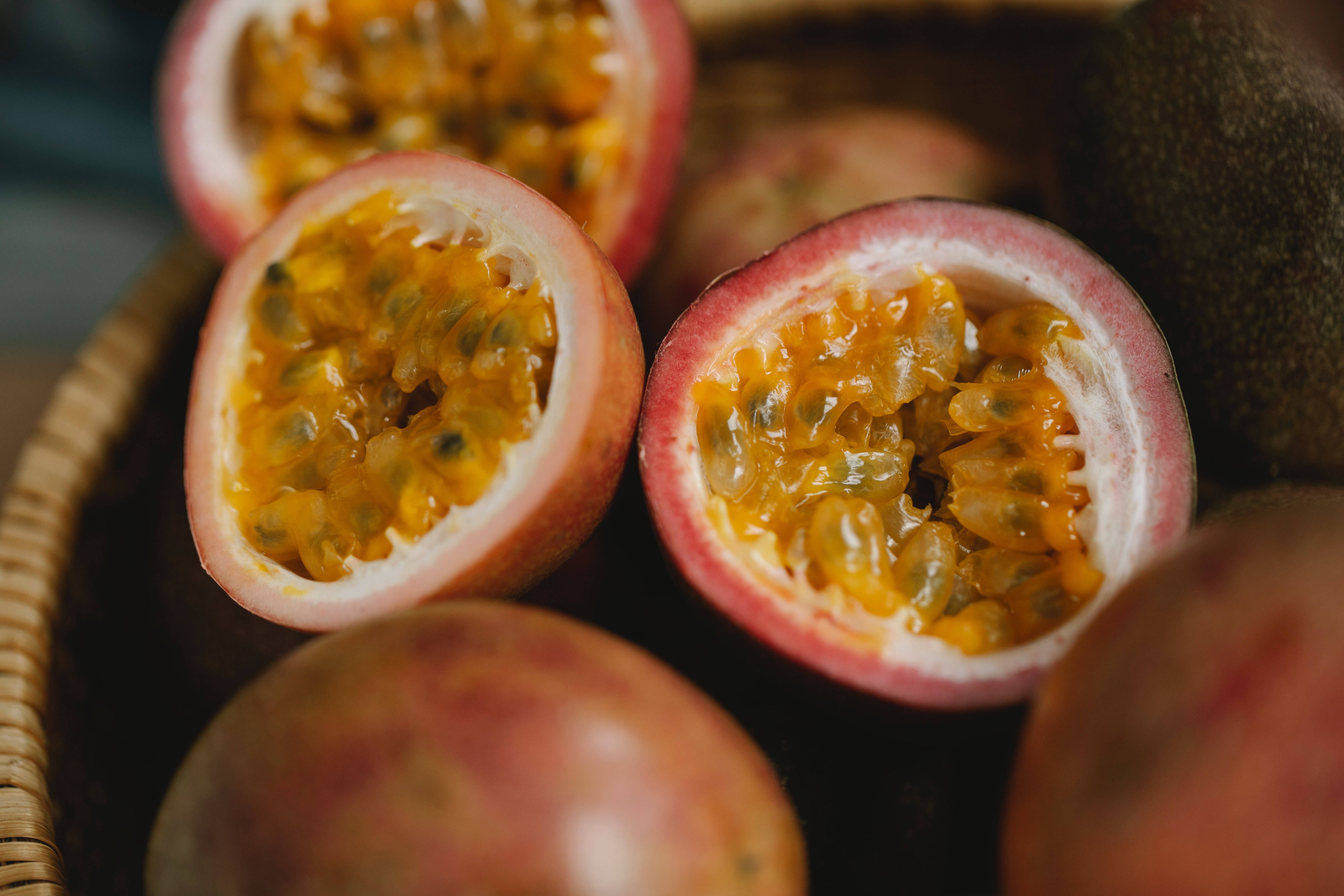 passion fruit, juicy orange seeds, woven basket, 4K Desktop Wallpaper