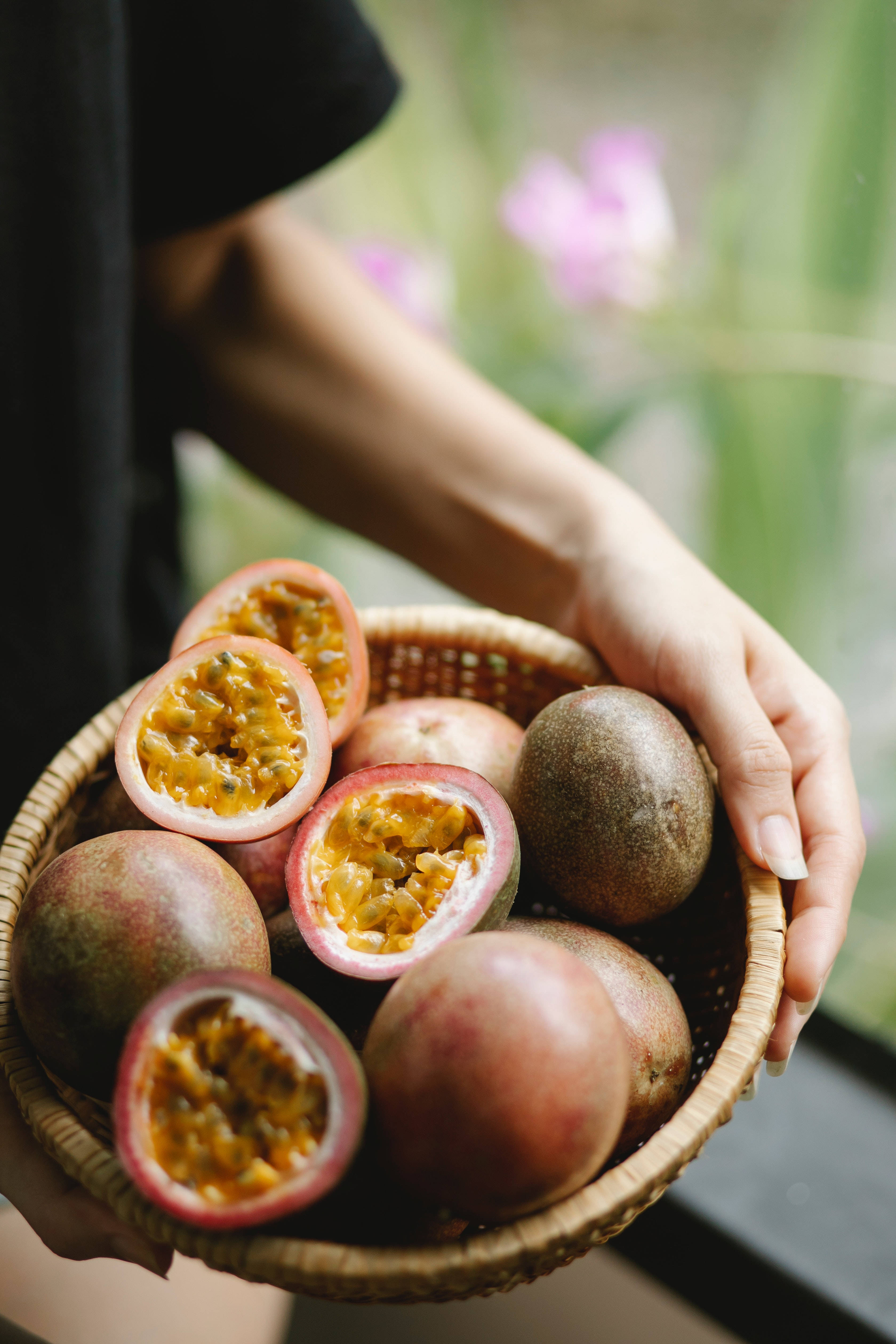passion fruit, wooden bowl, woven basket, 4K Phone Wallpaper