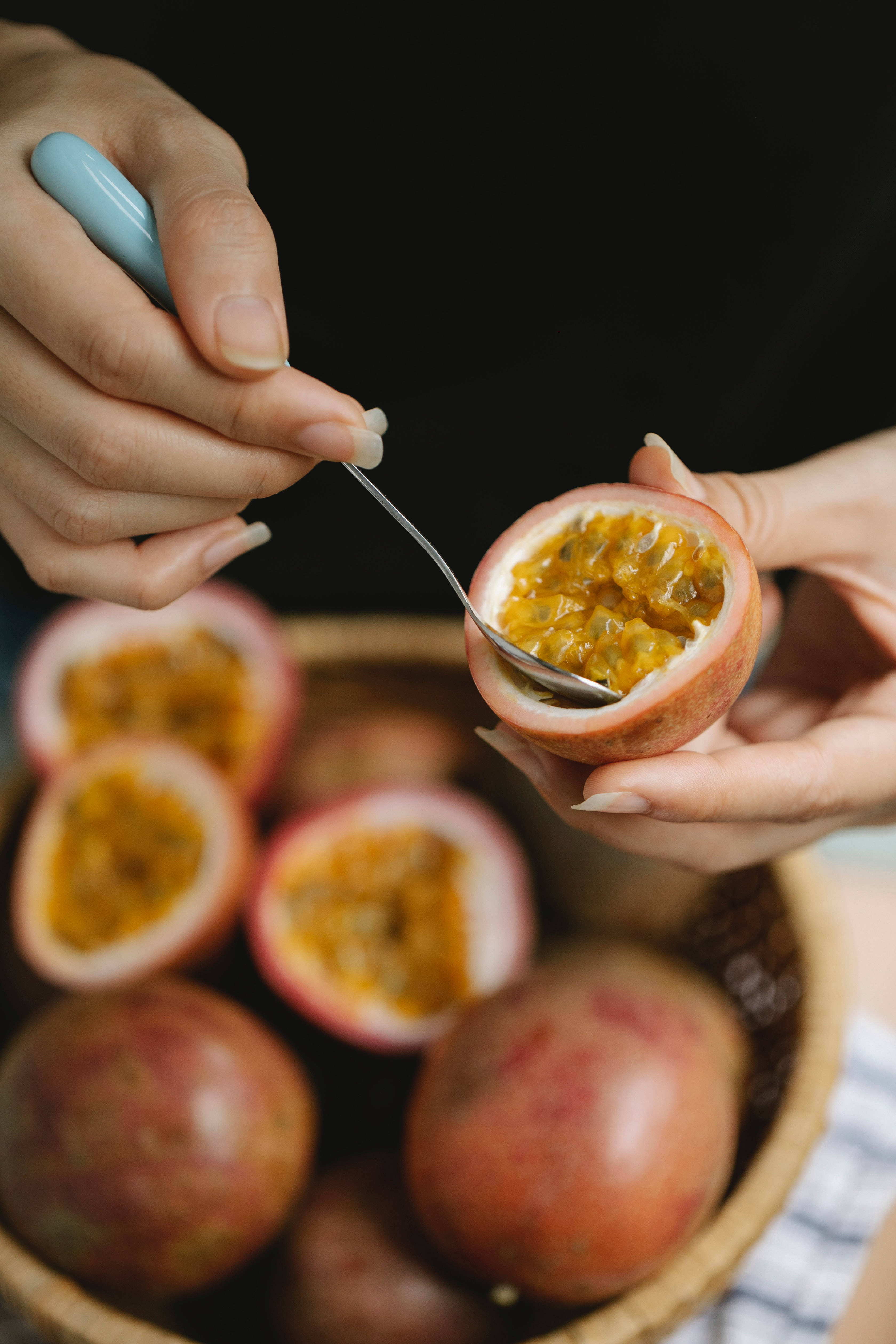 passion fruit, spoon, vibrant yellow pulp, 4K Phone Wallpaper