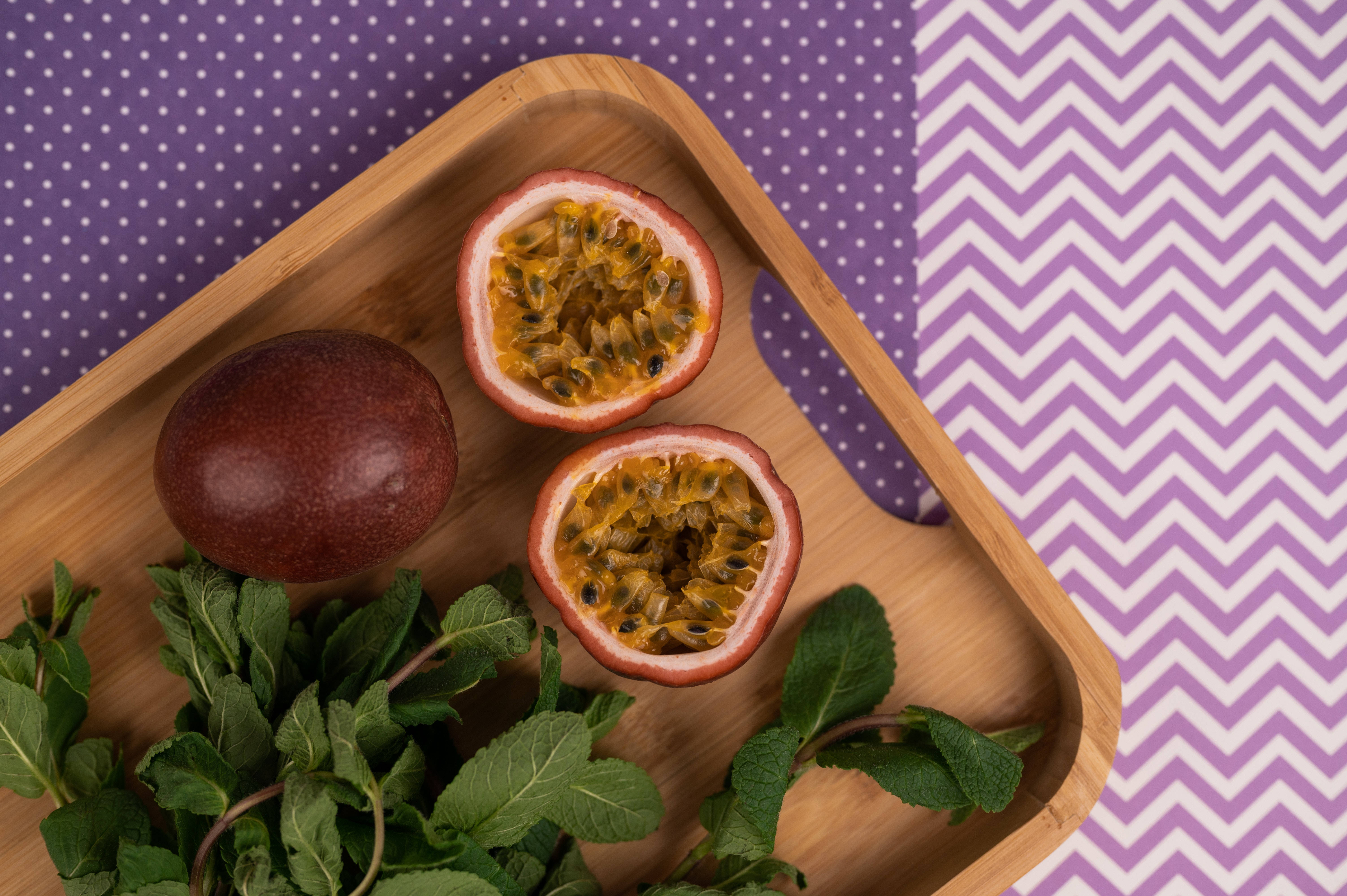 sliced ripe passion fruit, whole and halved passion fruit, fresh mint, 5K Desktop Wallpaper