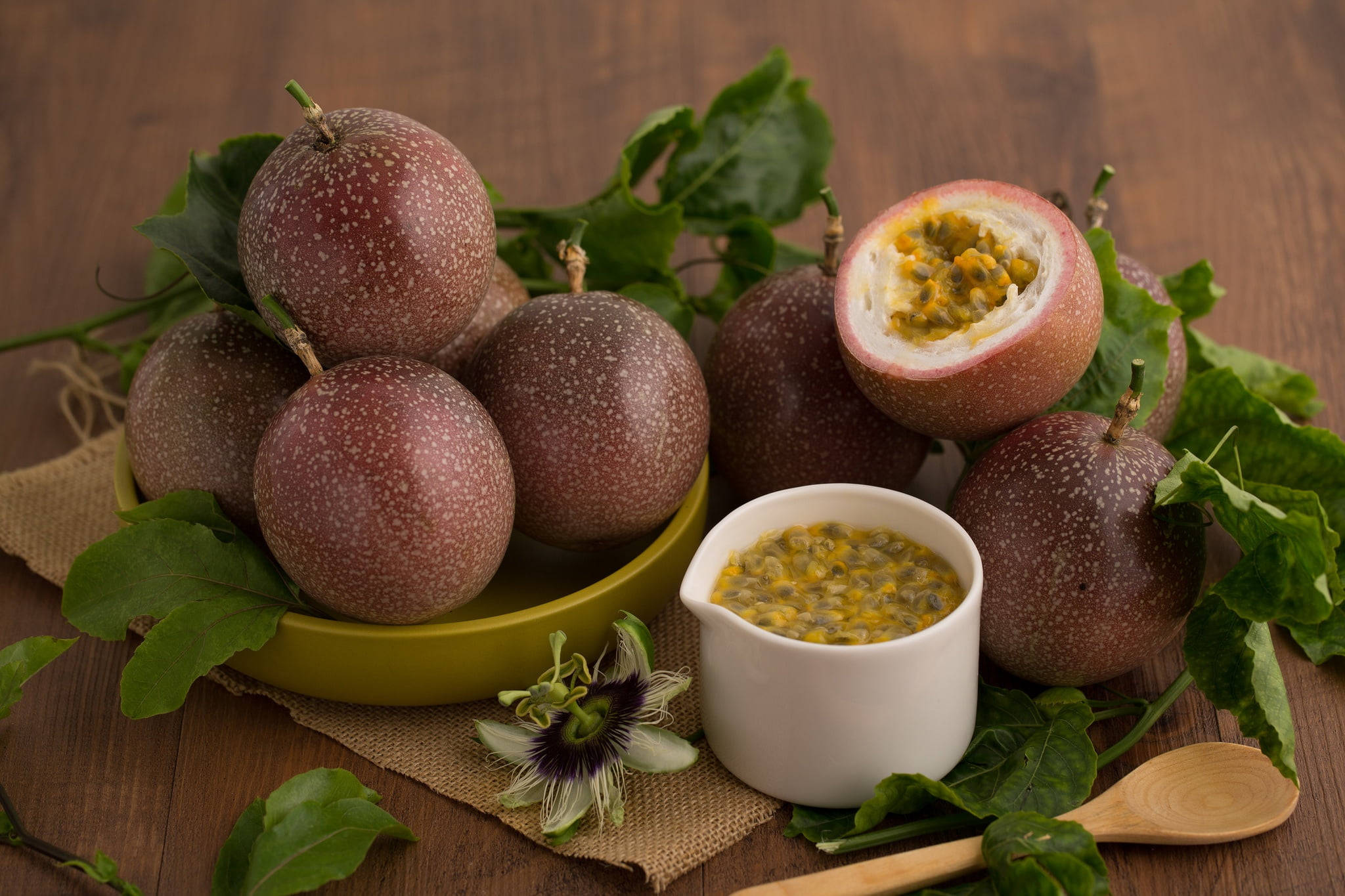 passion fruits, yellow pulp, green leaves, Full HD Desktop Wallpaper