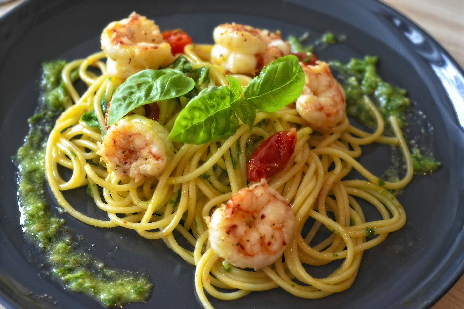 scampi shrimp pasta pesto, pesto pasta, shrimp, Full HD Desktop Wallpaper