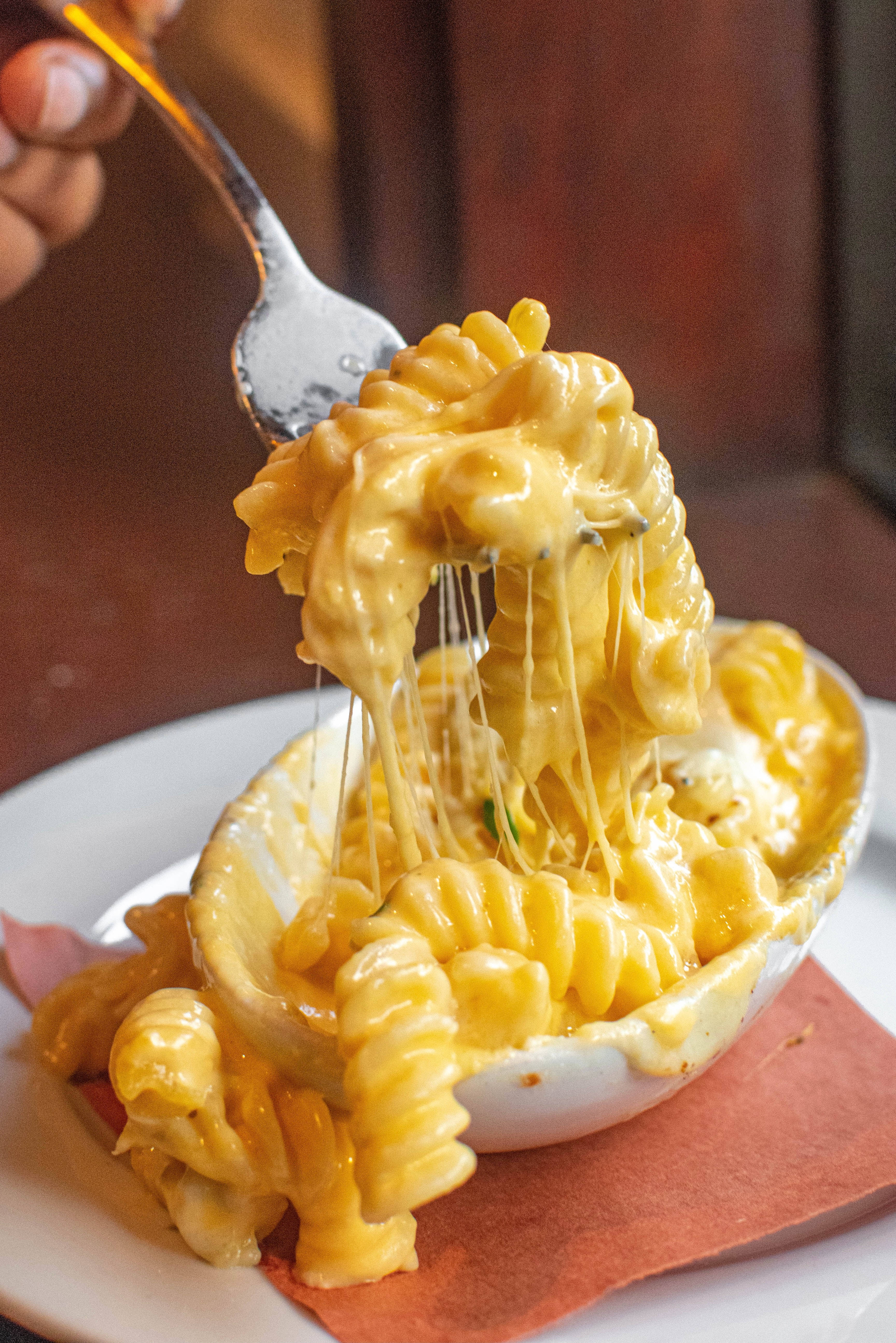 cheesy pasta, white bowl, melted cheese strings, 5K Phone Wallpaper