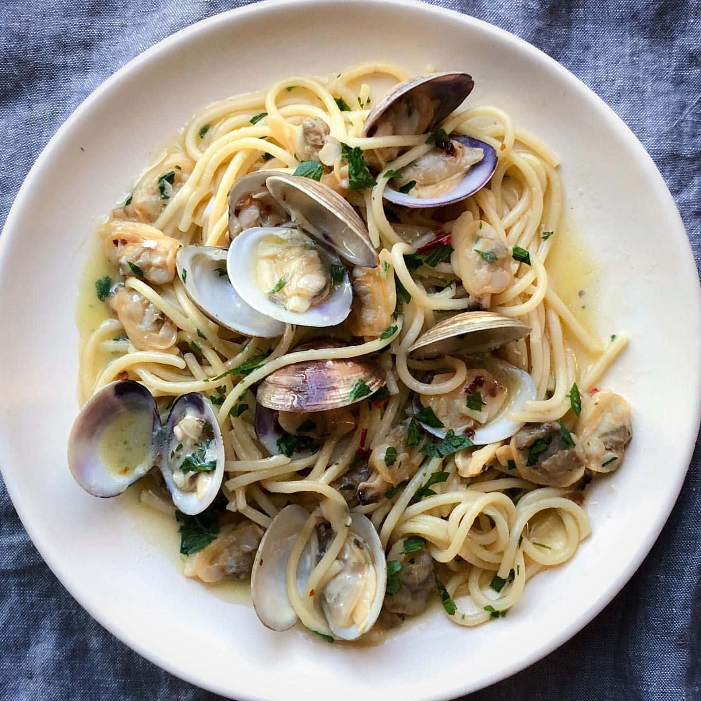 spaghetti alla vongole, white bowl, clams, HD Desktop Wallpaper