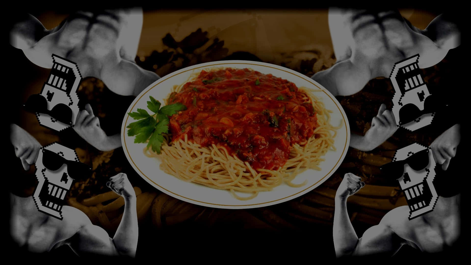 spaghetti bolognese, parsley, muscular men, Full HD Desktop Wallpaper