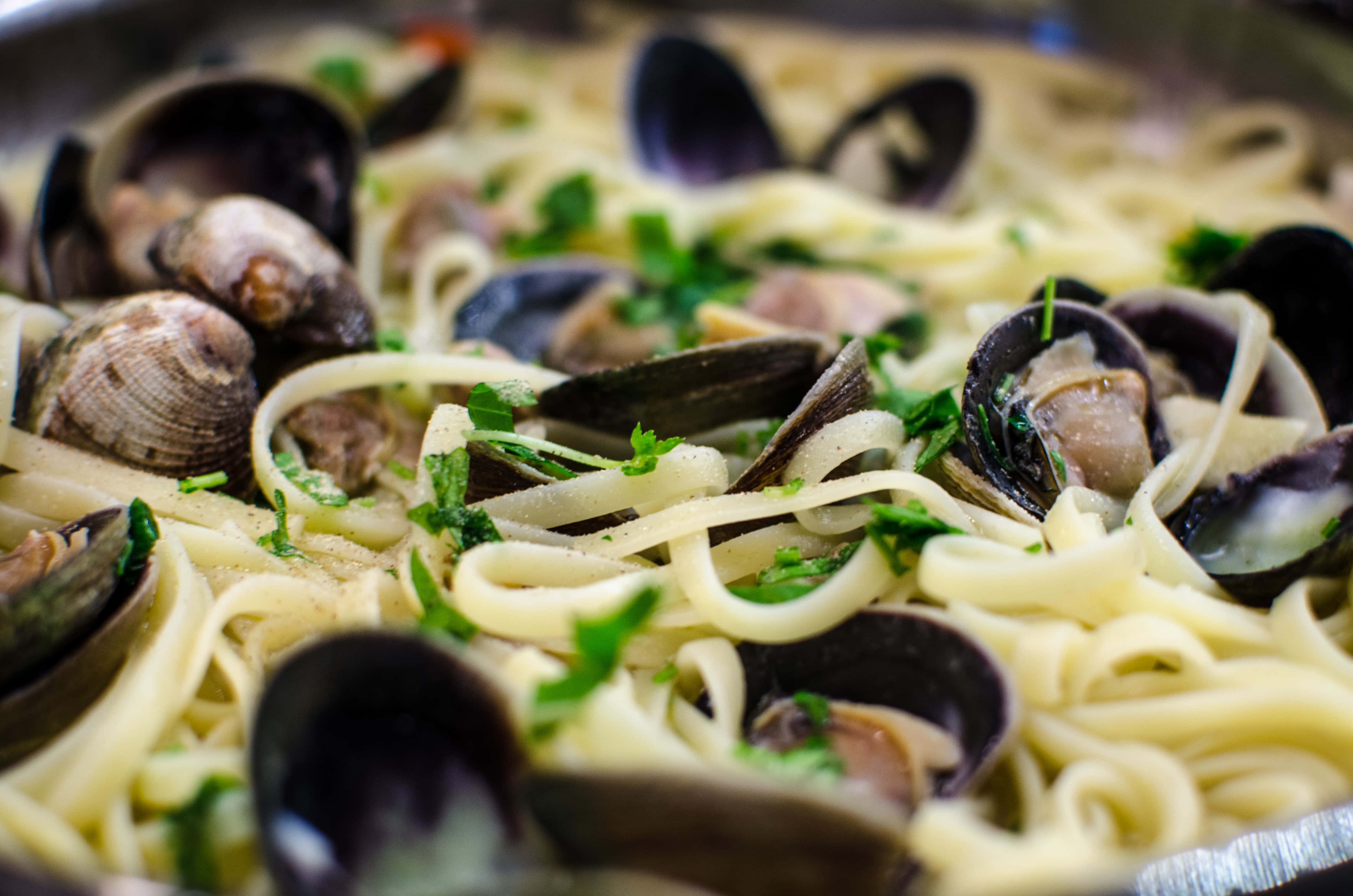 spaghetti alla vongole, creamy pasta, clams, 4K Desktop Wallpaper