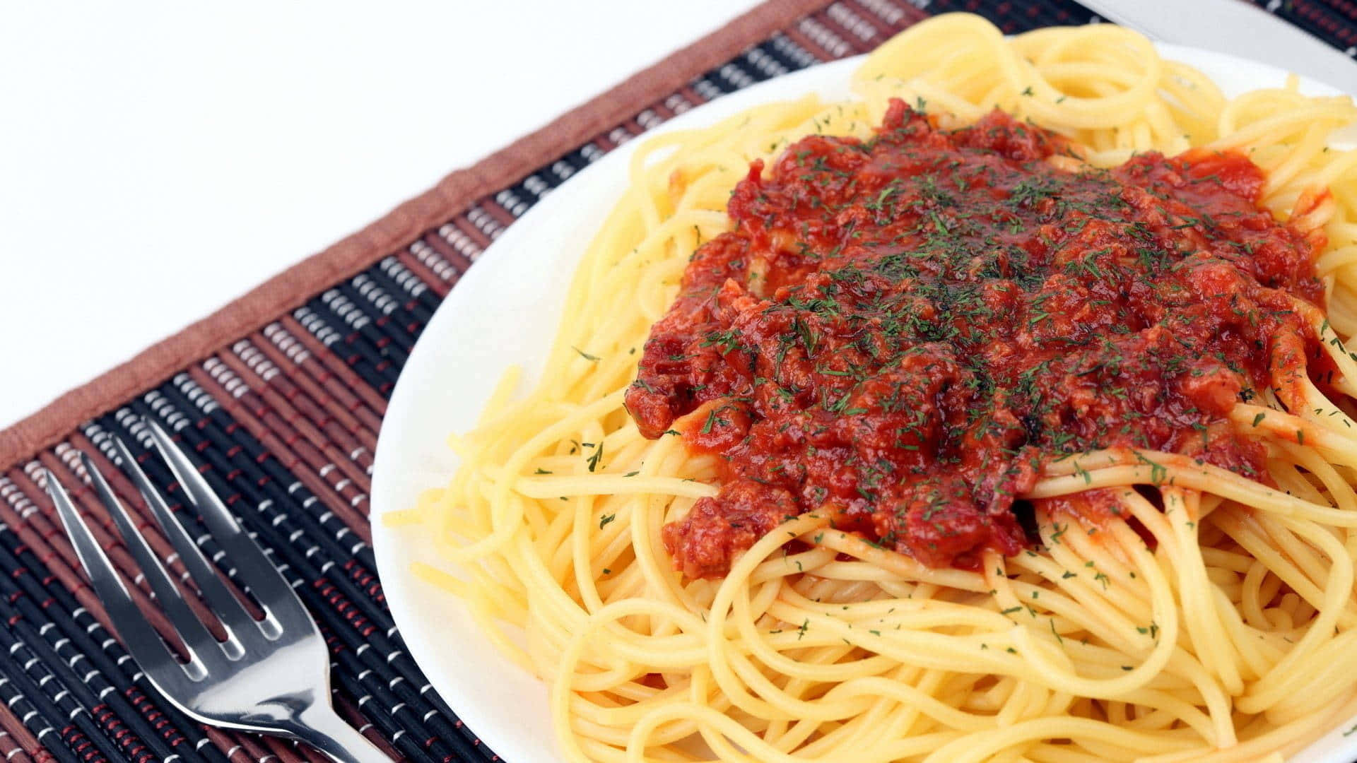 spaghetti, tomato sauce, fresh herbs, Full HD Desktop Wallpaper
