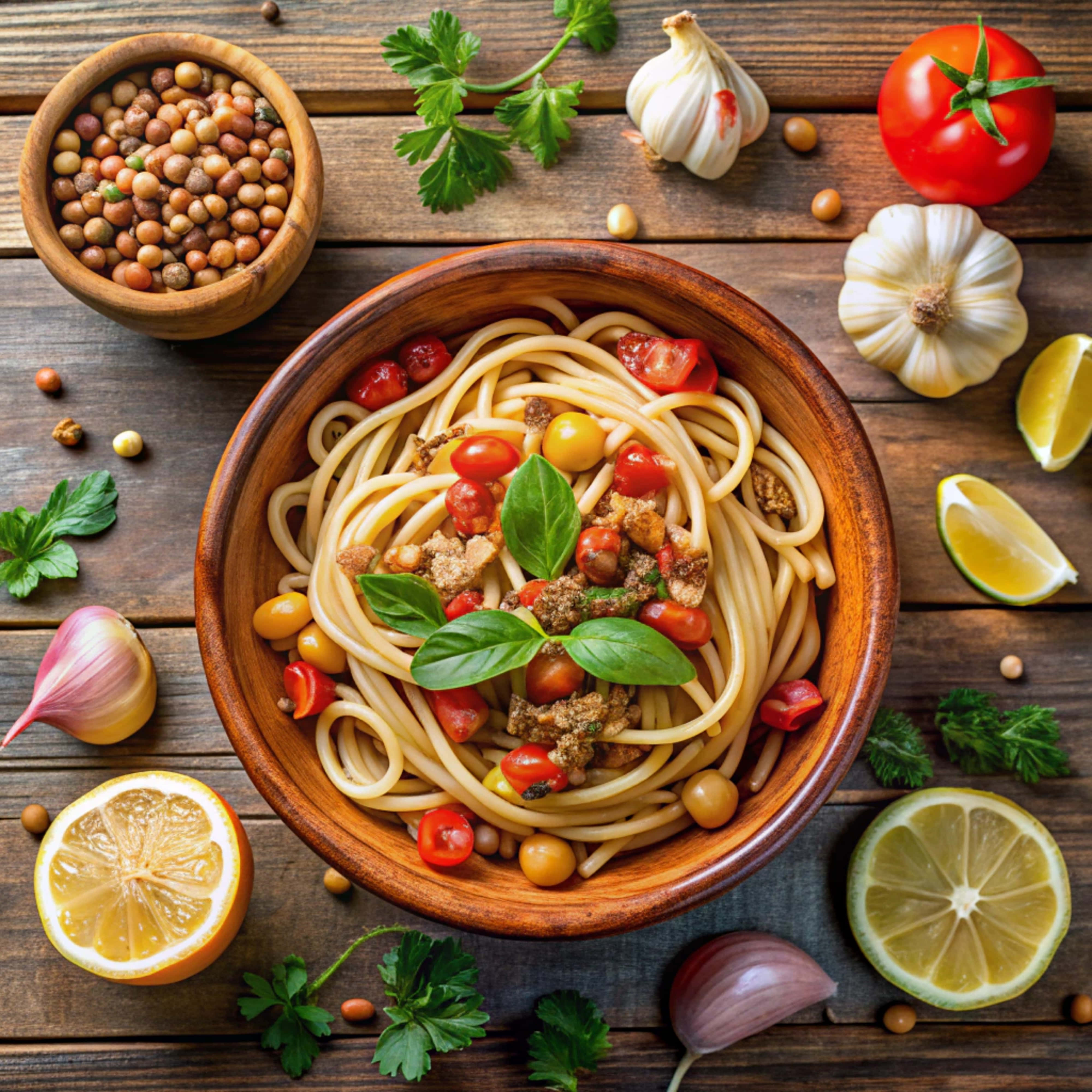spaghetti, cherry tomatoes, basil, 4K Desktop Wallpaper