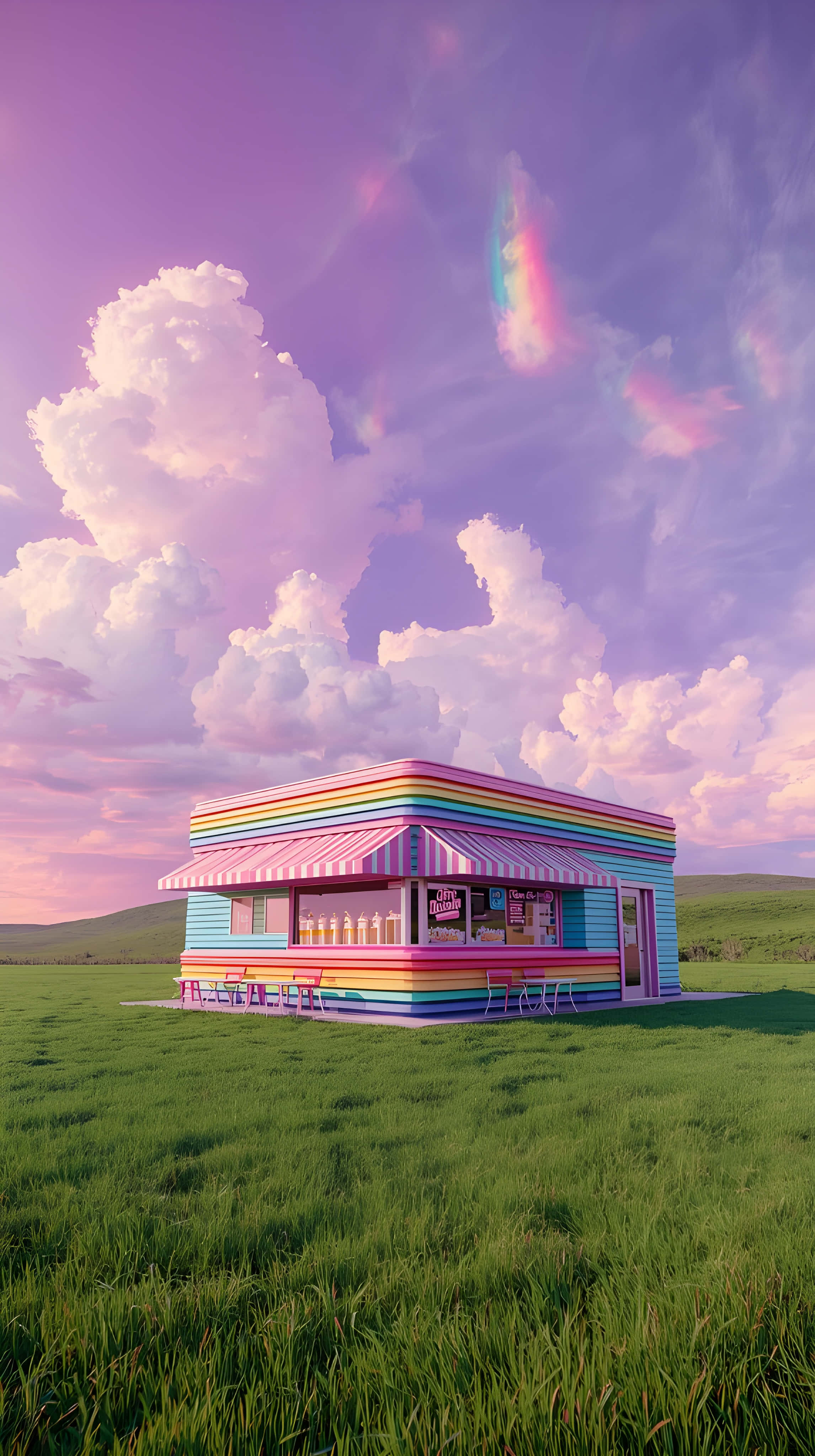 rainbow-striped ice cream stand, lush green field, dreamy purple sky, 4K Phone Wallpaper