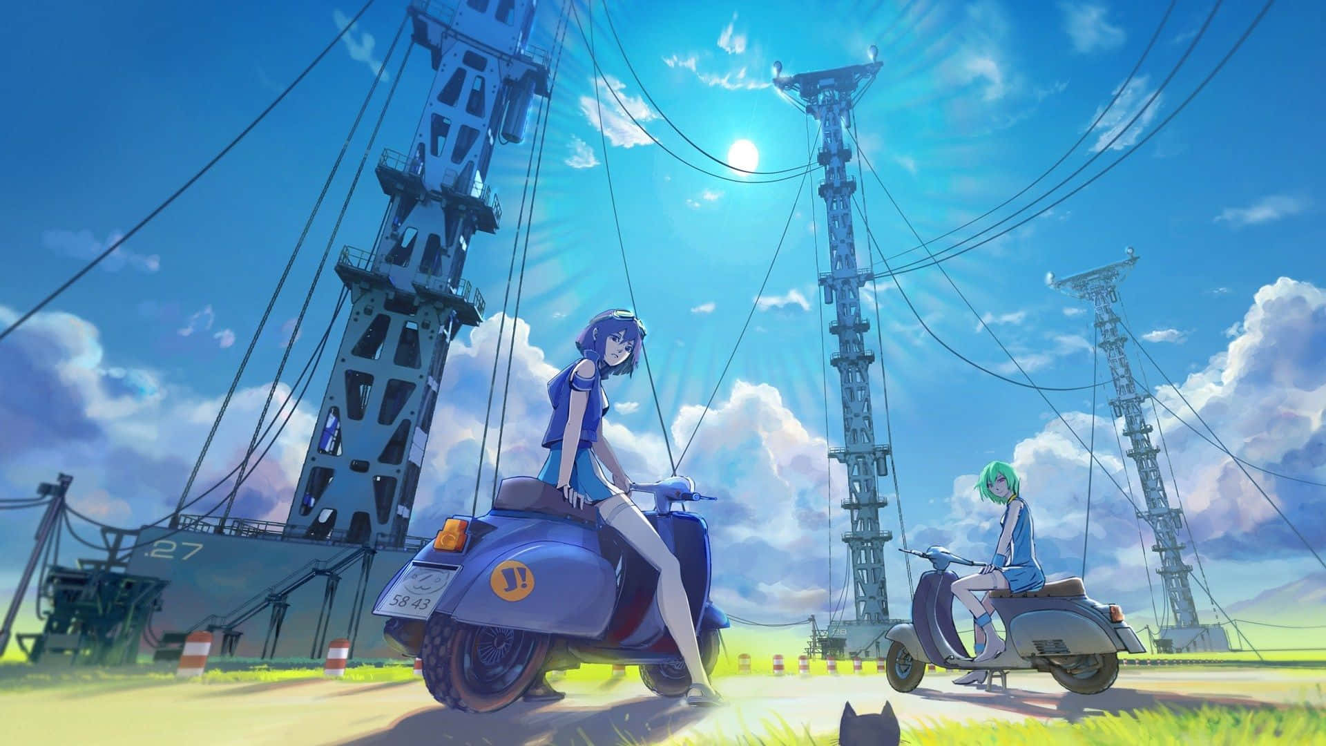 pastel-hued anime character, two anime girls, scooters, Full HD Desktop Wallpaper