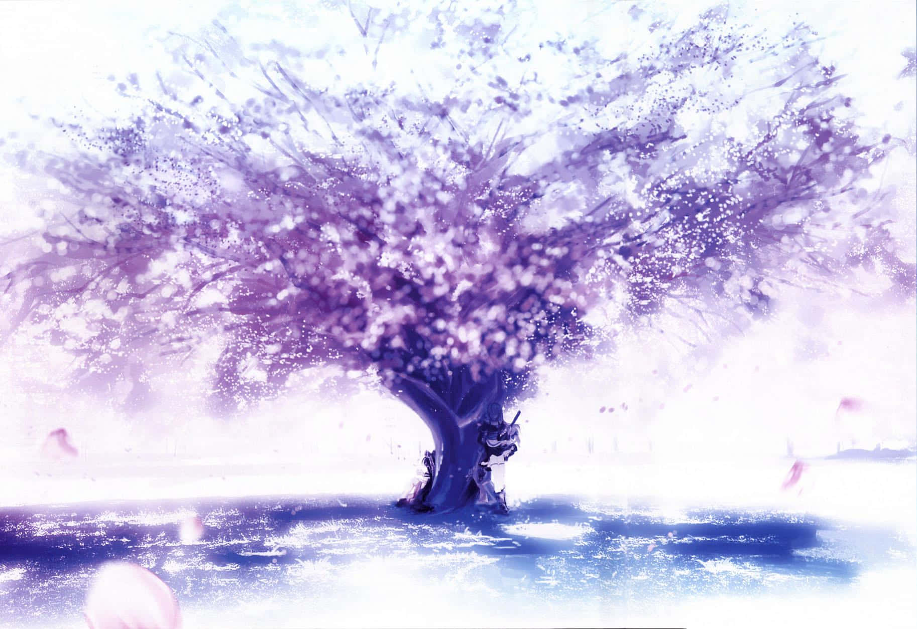 pastel aesthetic anime, purple cherry blossom tree, snowy field, HD Desktop Wallpaper