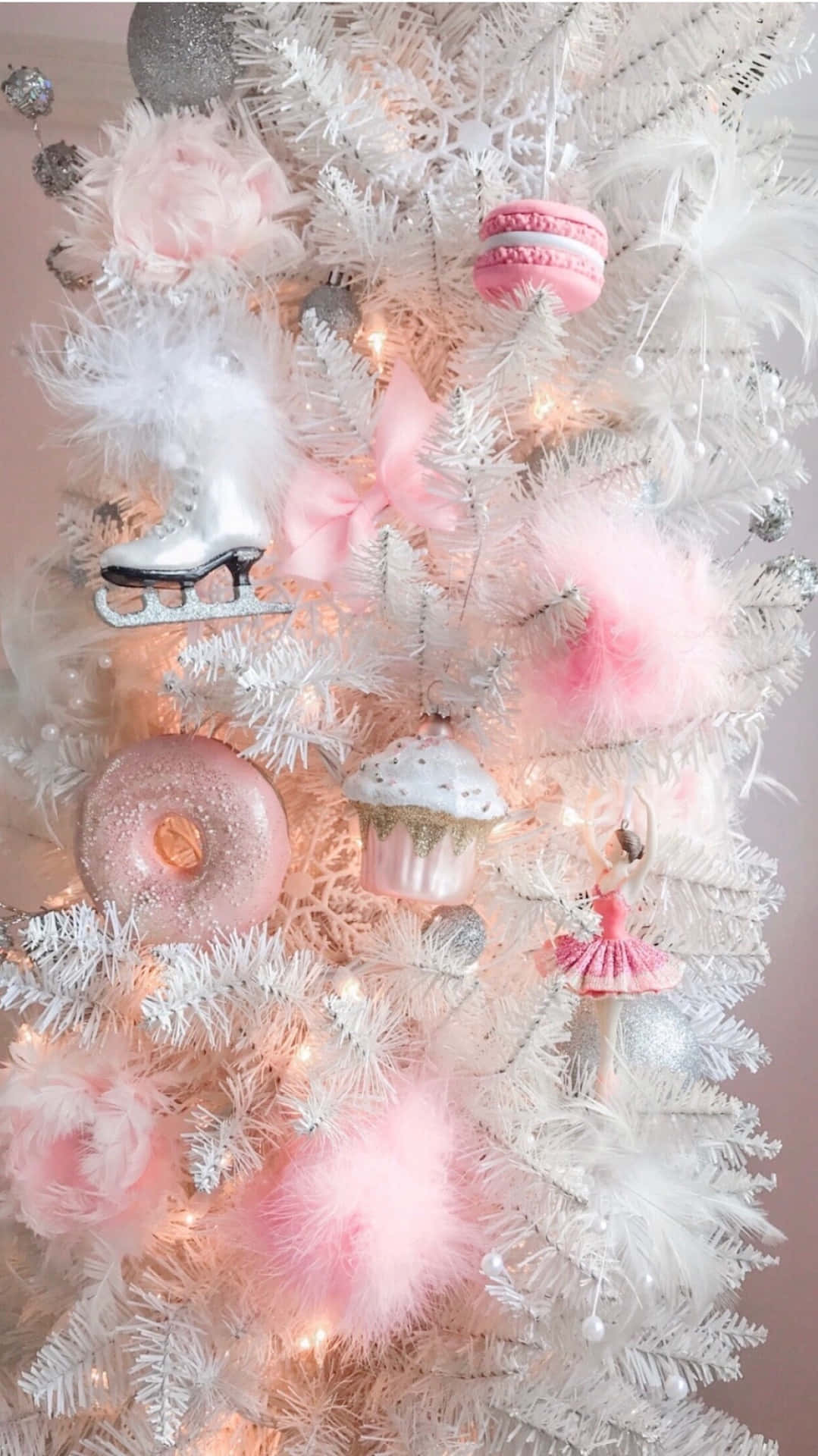 Pastel Aesthetic Christmas Tree, white Christmas tree, pink and silver ornaments, Full HD Phone Wallpaper
