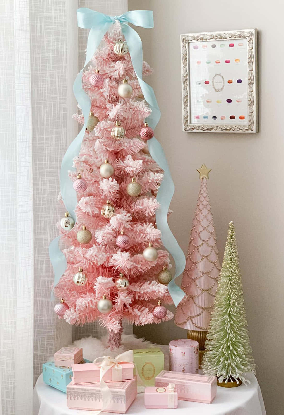 pastel pink artificial Christmas tree, silver and pink ornaments, light blue ribbon, HD Phone Wallpaper