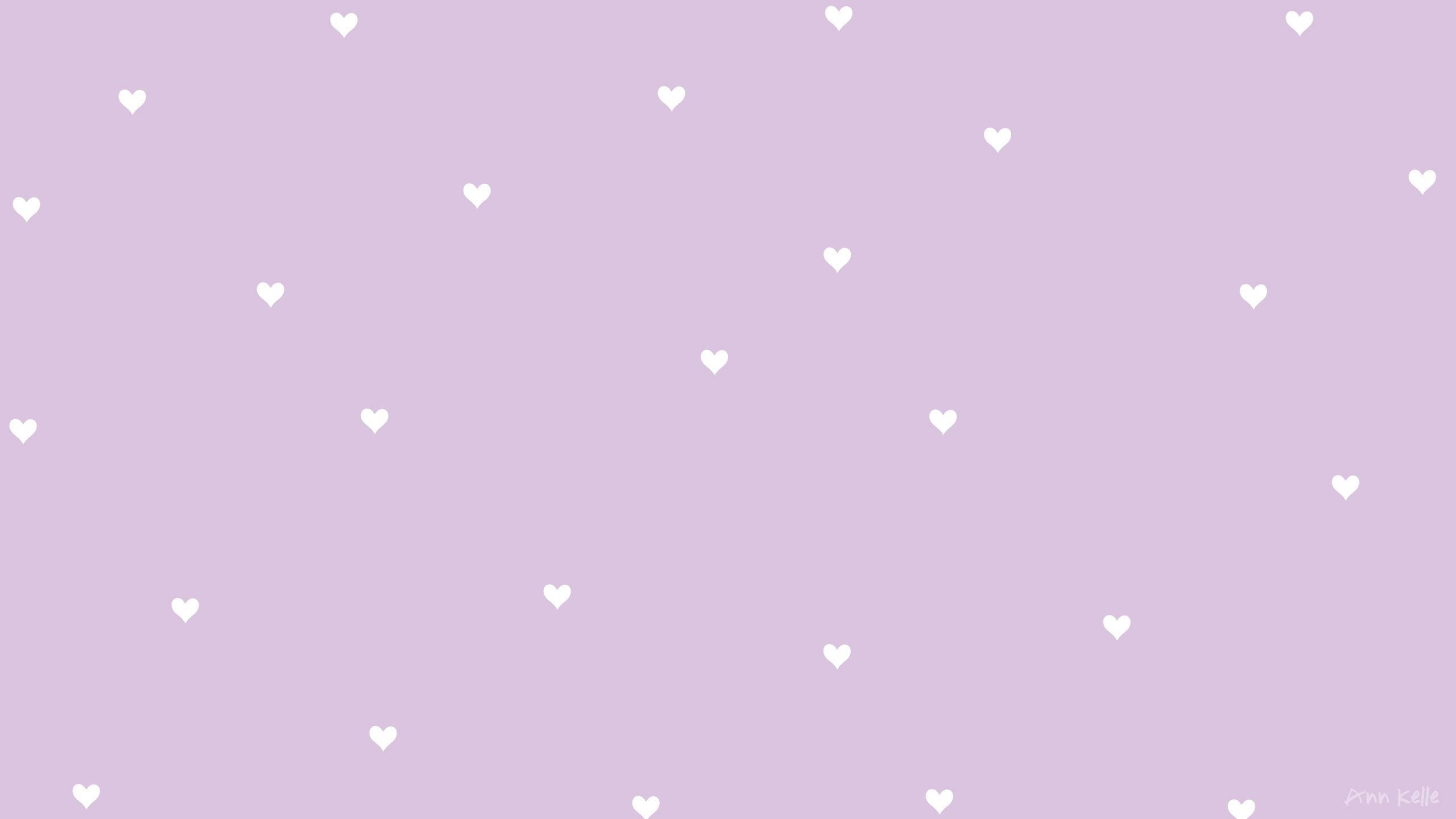 Purple Pastel Aesthetic Desktop, Soft lavender background, scattered white heart shapes, 2K Desktop Wallpaper