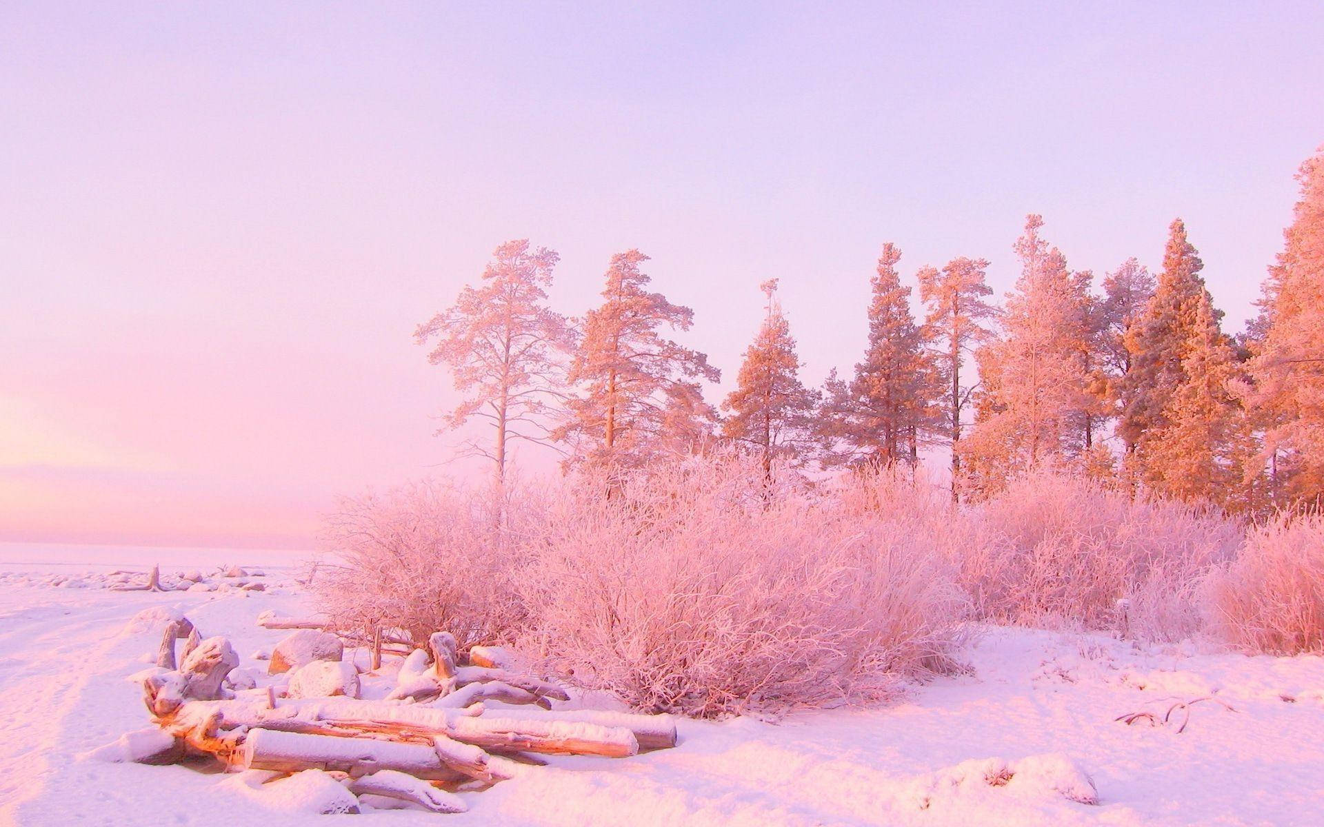 pink pastel aesthetic desktop, snowy winter landscape, soft pink and lavender hues, Full HD Desktop Wallpaper