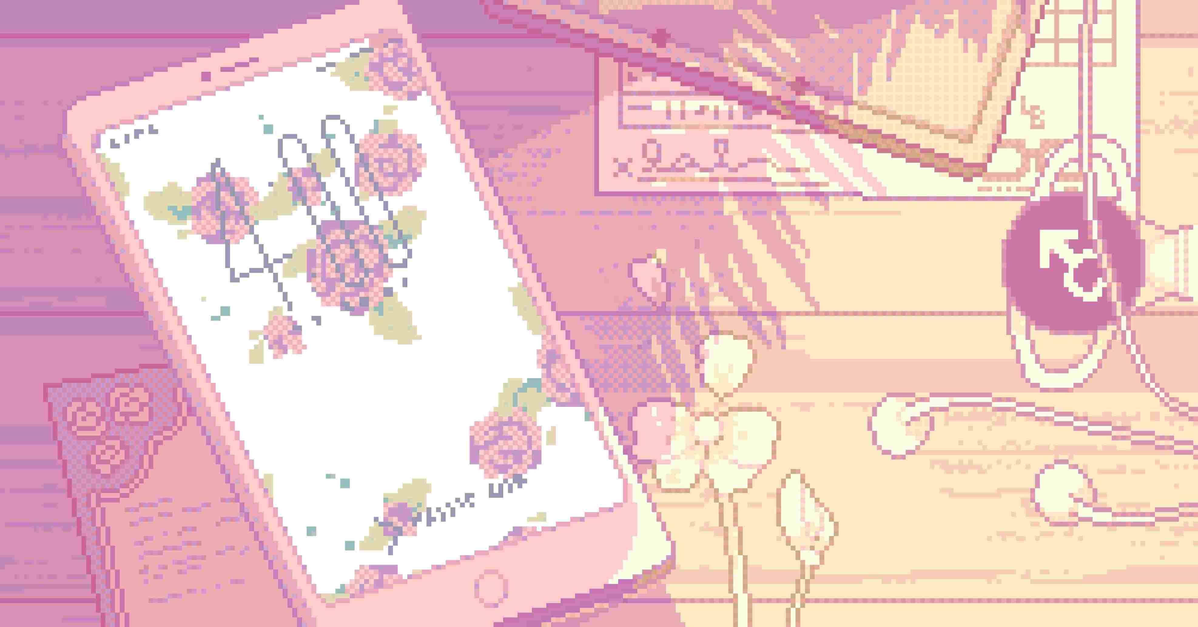 pastel aesthetic desktop, pink wooden desk, floral design, 4K Desktop Wallpaper