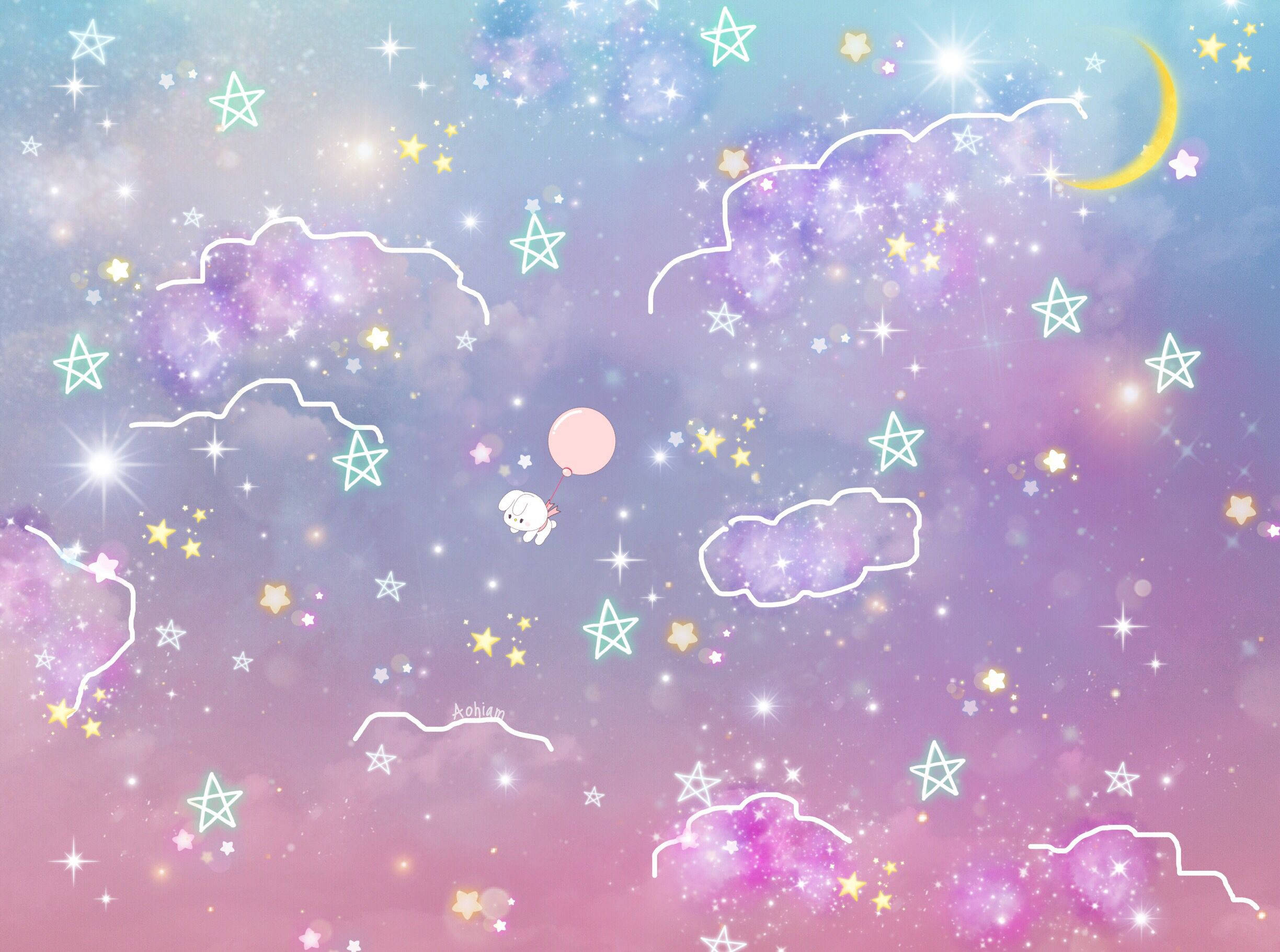 bunny, pink balloon, pastel sky, Full HD Desktop Wallpaper