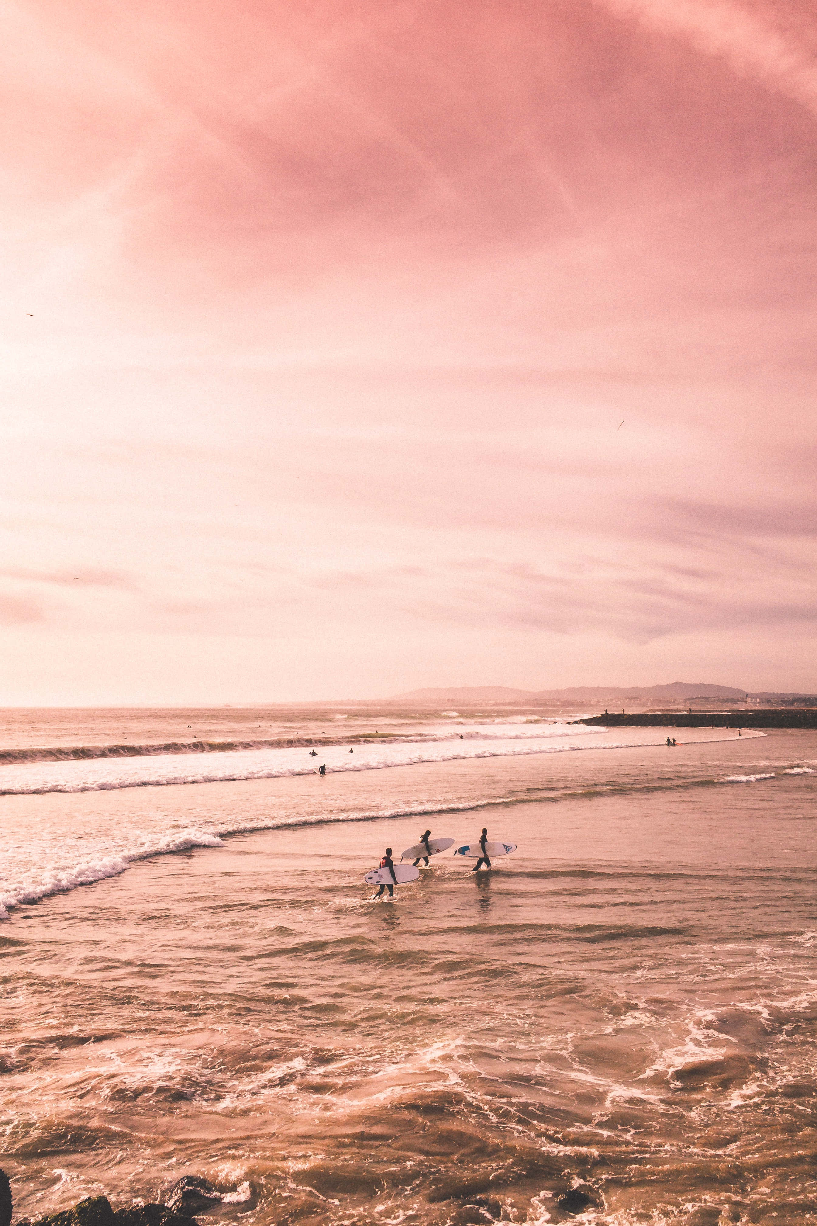Pastel Beach, pink-hued ocean, soft pastel sky, 4K Phone Wallpaper