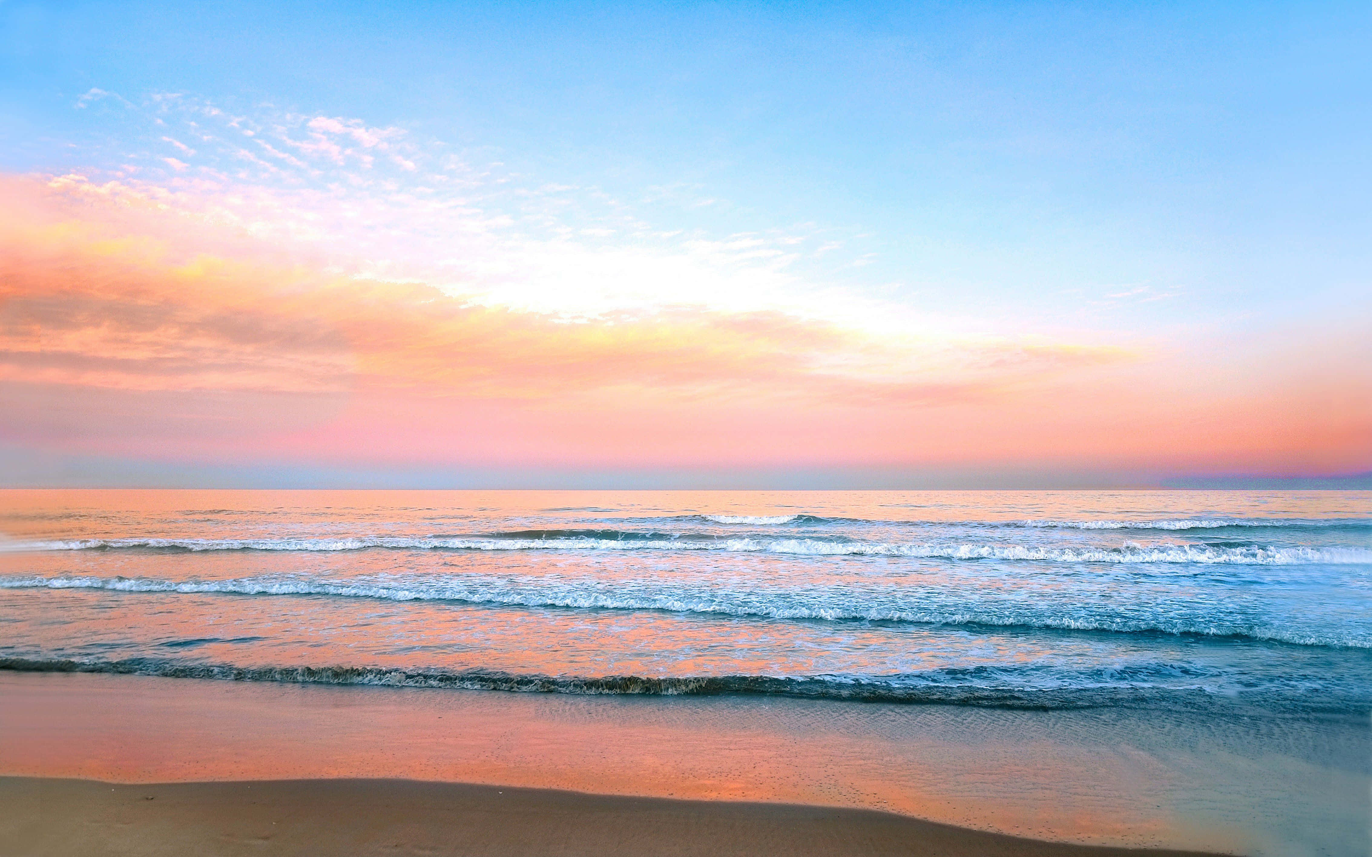 pastel beach, sunset, pink, 4K Desktop Wallpaper