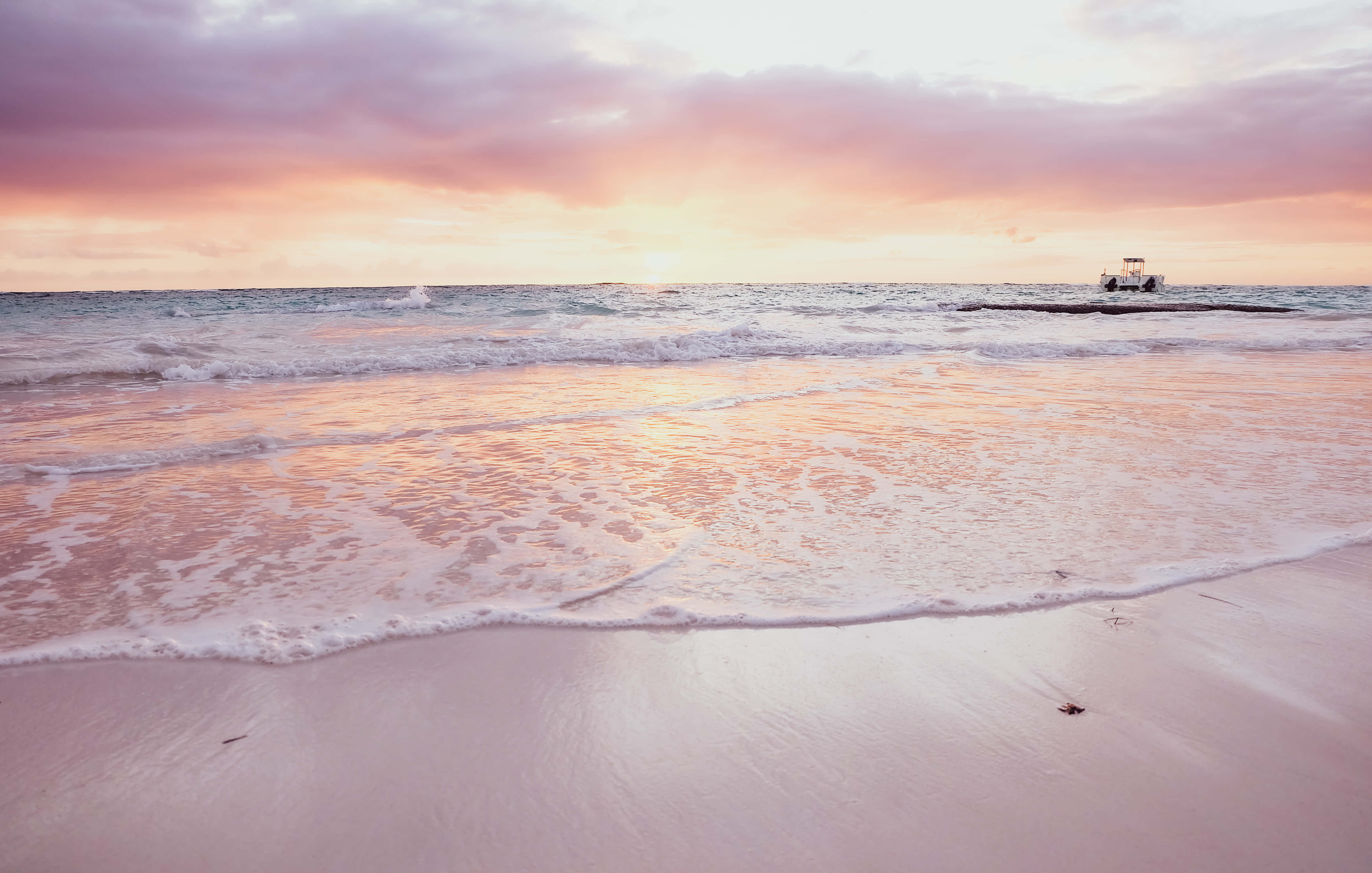 Pastel Beach, pink-hued waves, sandy shore, 4K Desktop Wallpaper