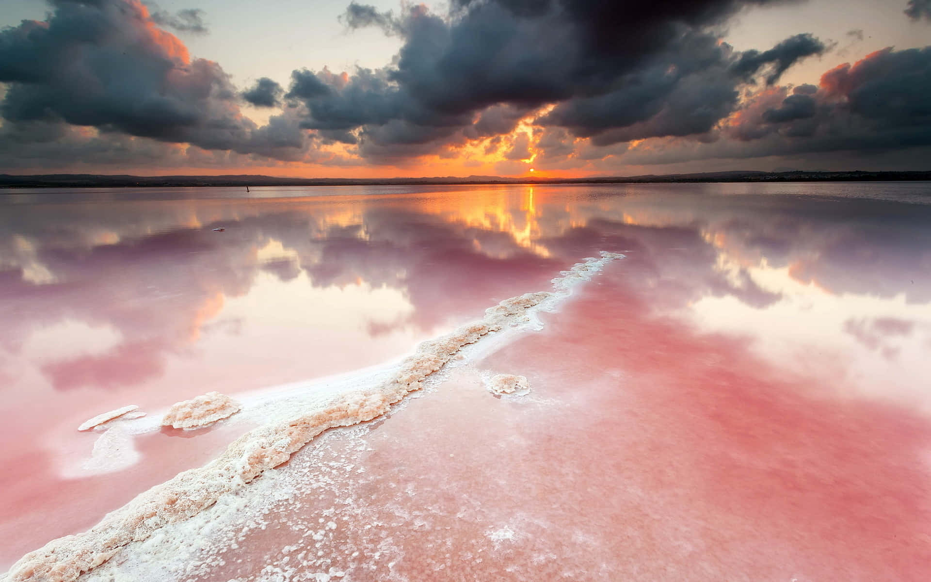 pastel beach, pink salt lake, dramatic sunset sky, Full HD Desktop Wallpaper