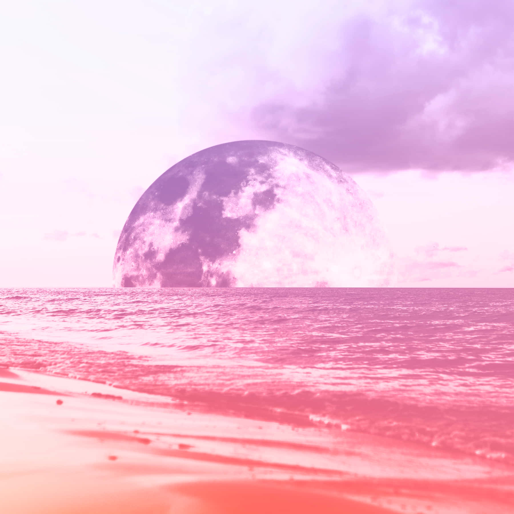 pastel beach, pink and purple moon, calm ocean, HD Desktop Wallpaper