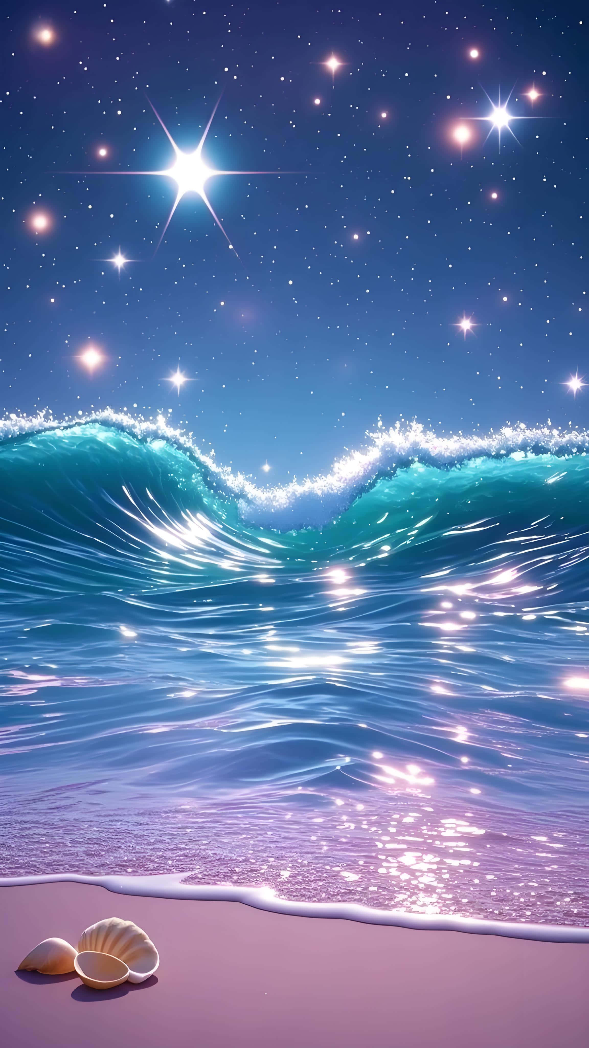 starry night sky, glowing turquoise waves, pink sand, 4K Phone Wallpaper