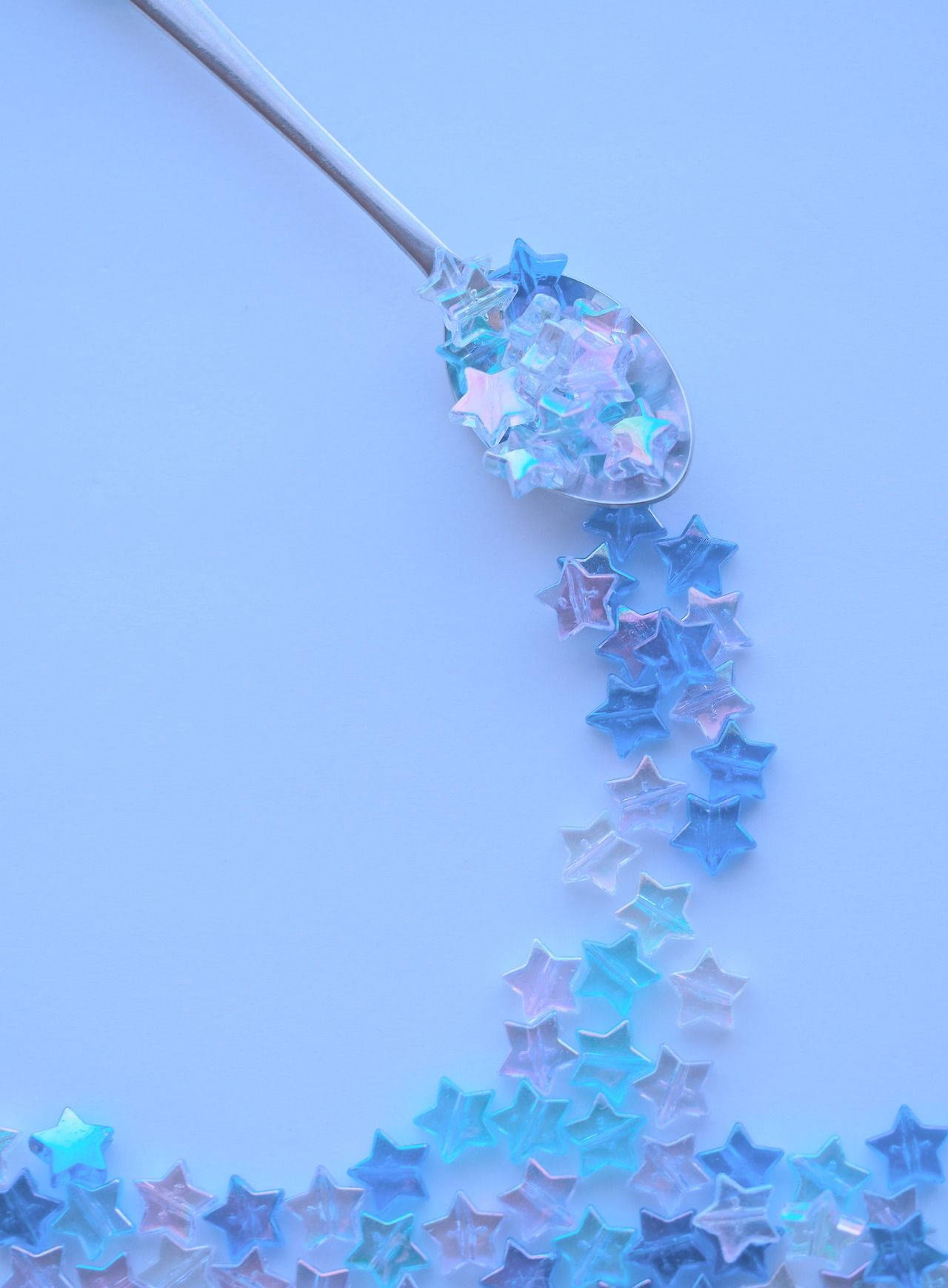 silver spoon, iridescent blue star-shaped confetti, soft pastel blue background, HD Phone Wallpaper