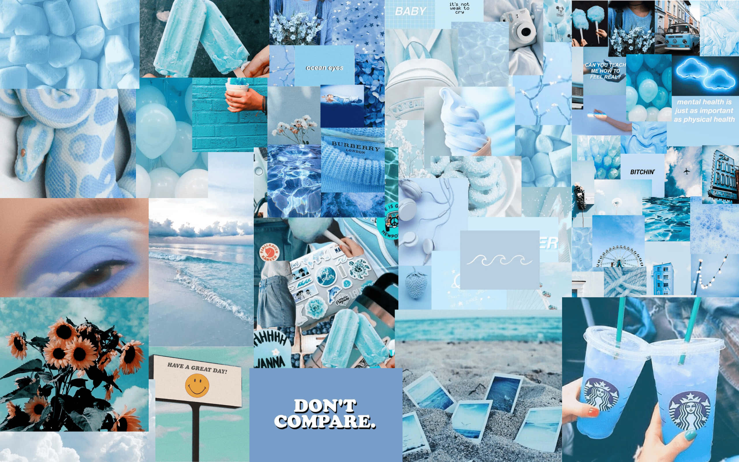 pastel blue aesthetic tumblr, white and pastel blue aesthetic tumblr desktop, vibrant blue-toned collage, 2K Desktop Wallpaper