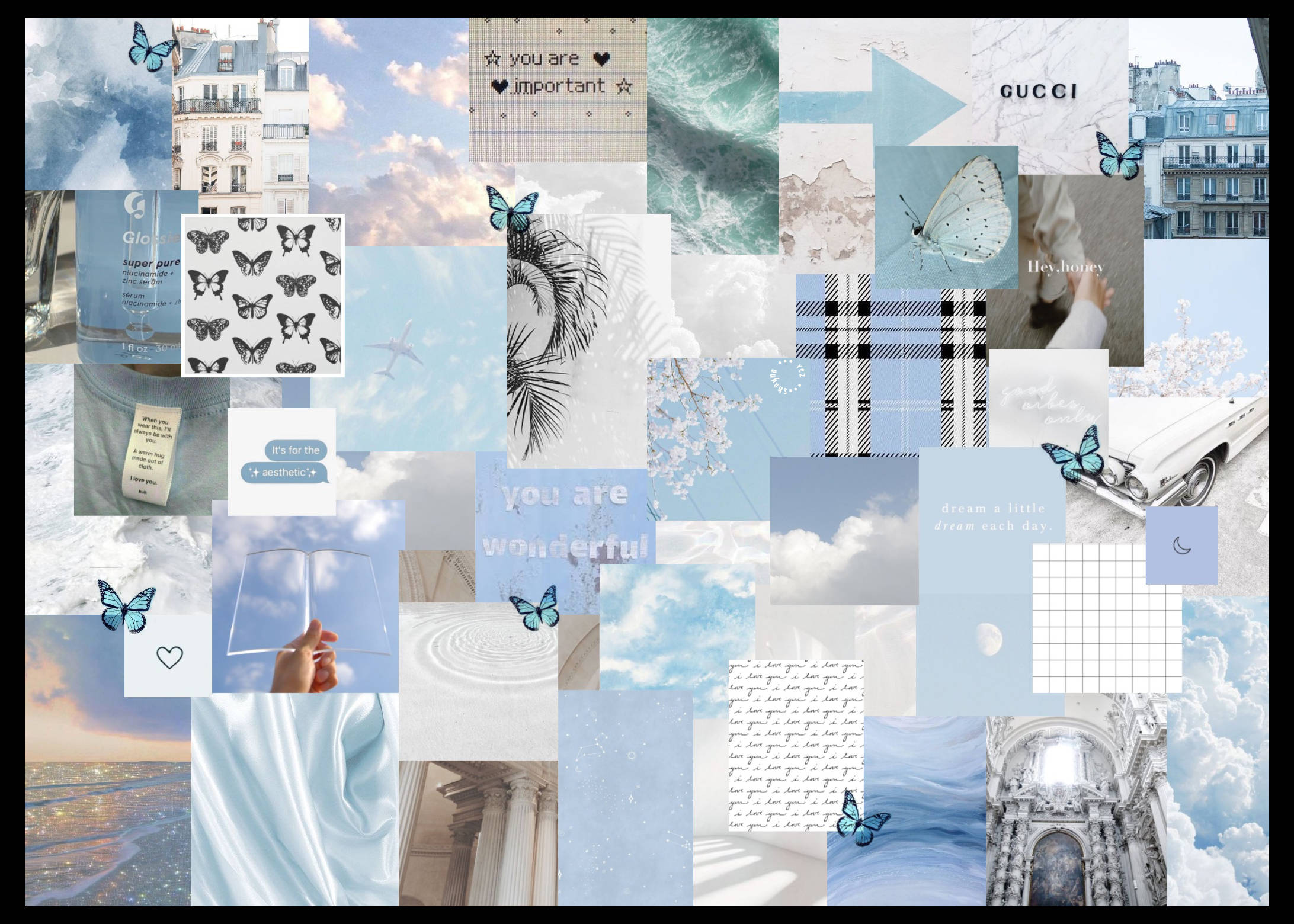 Pastel Aesthetic Blue Collage, butterflies, clouds, Full HD Desktop Wallpaper