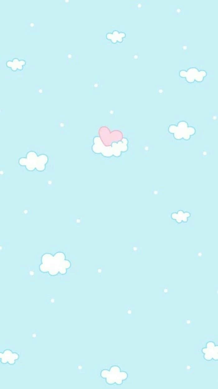 pastel blue sky, fluffy white clouds, pink heart cloud, SD Phone Wallpaper