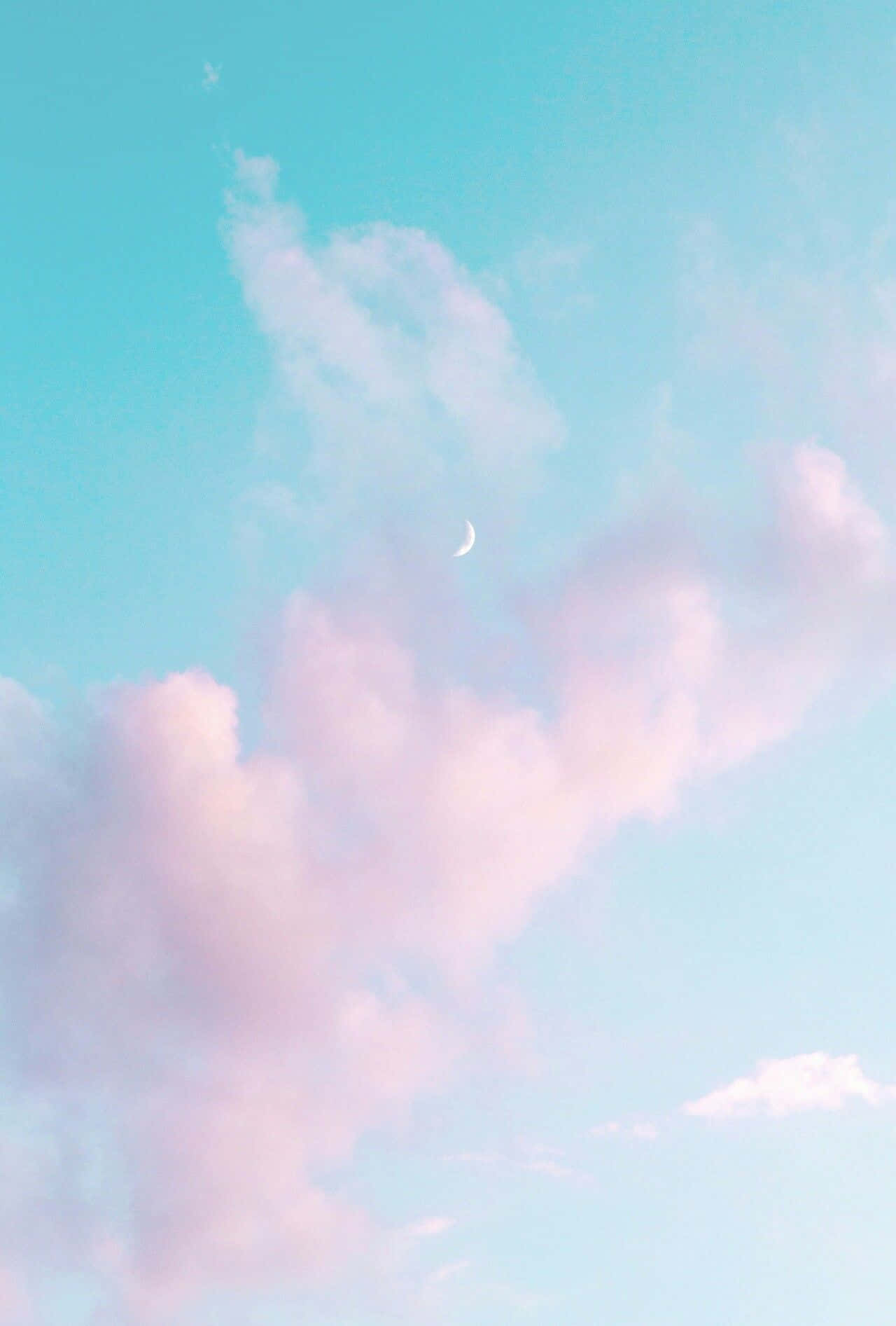 pastel blue, pink clouds, crescent moon, HD Phone Wallpaper