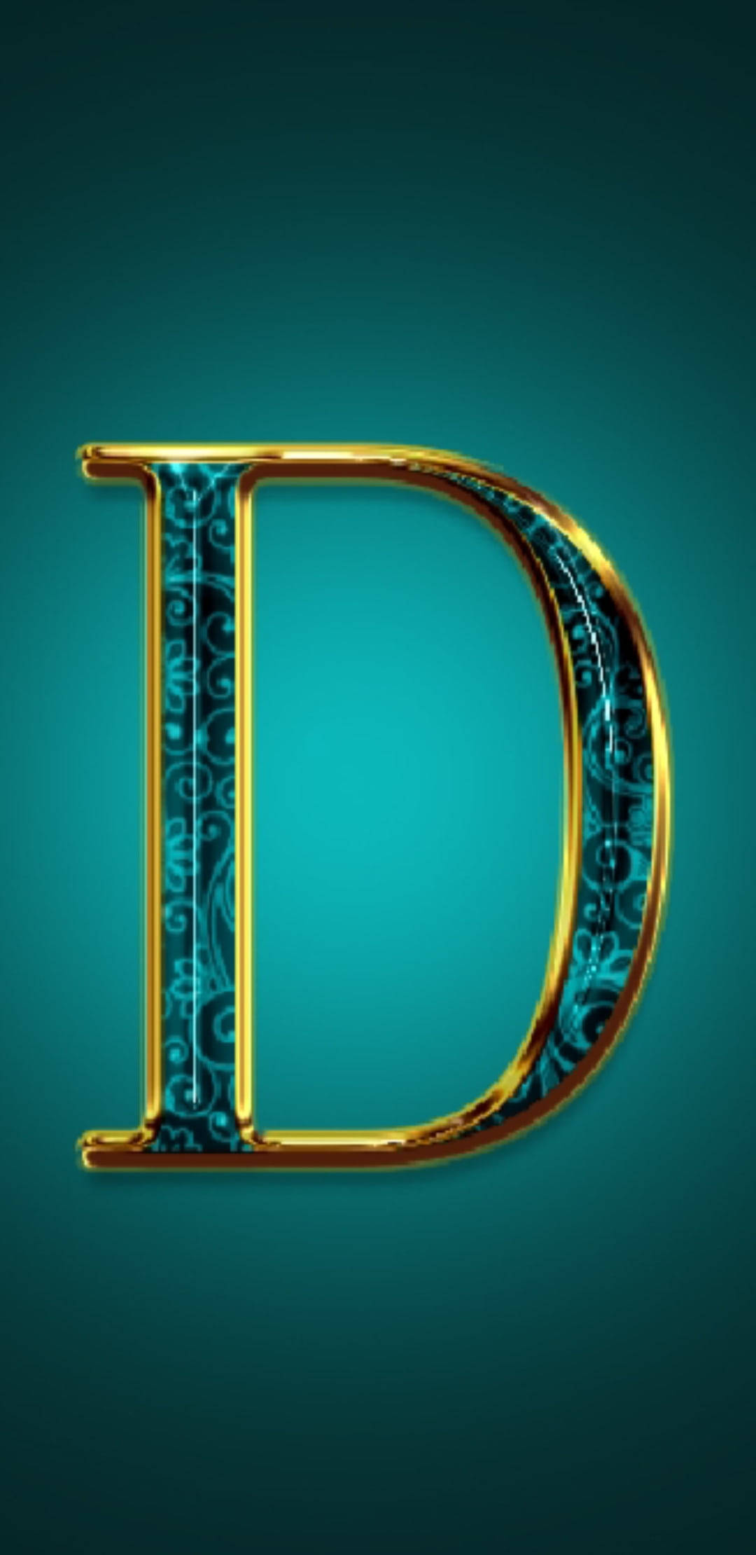 golden letter D, intricate teal filigree patterns, gradient teal background, Full HD Phone Wallpaper