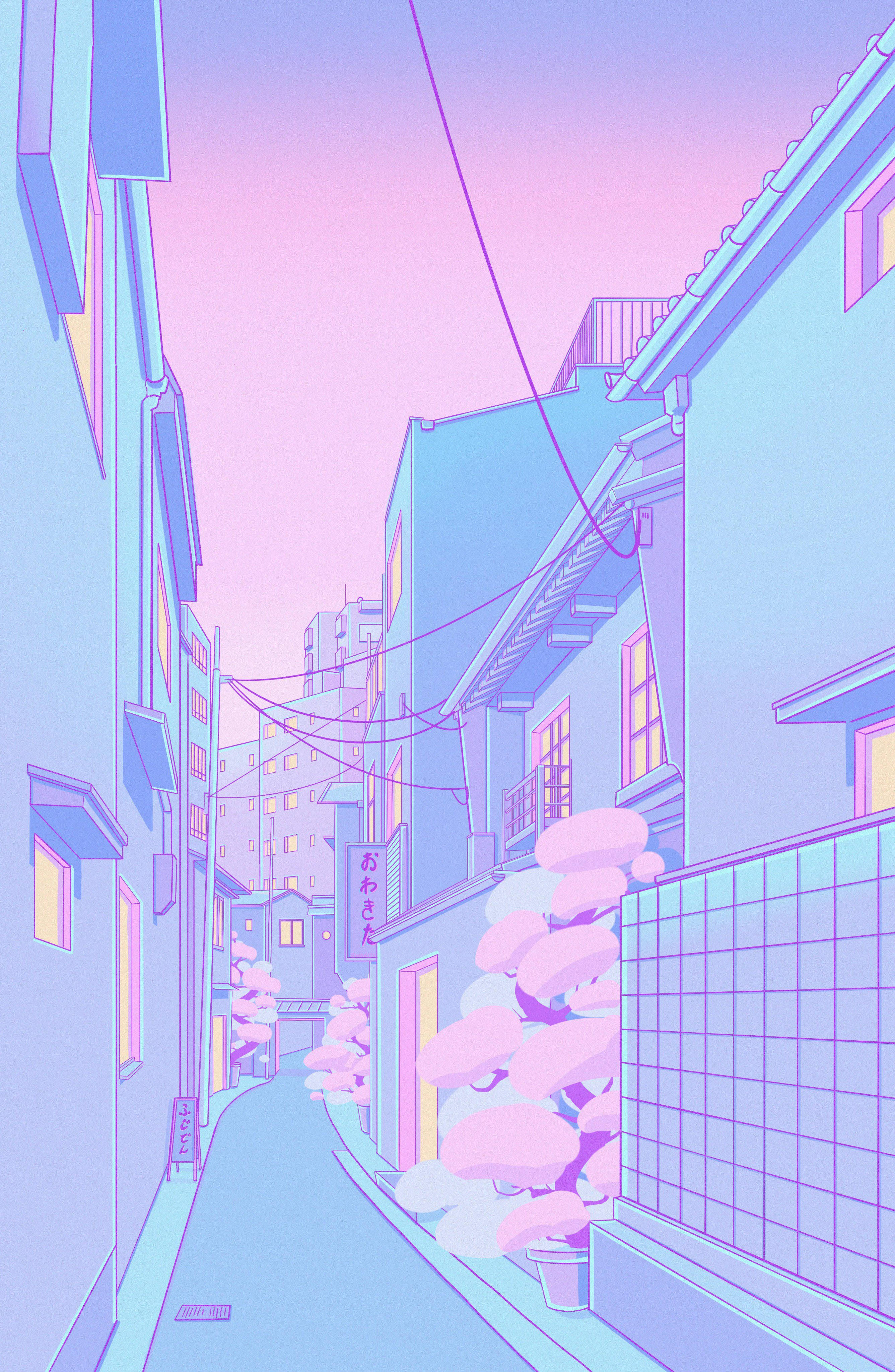 pastel blue buildings, pink purple sky, cherry blossom trees, 4K Phone Wallpaper