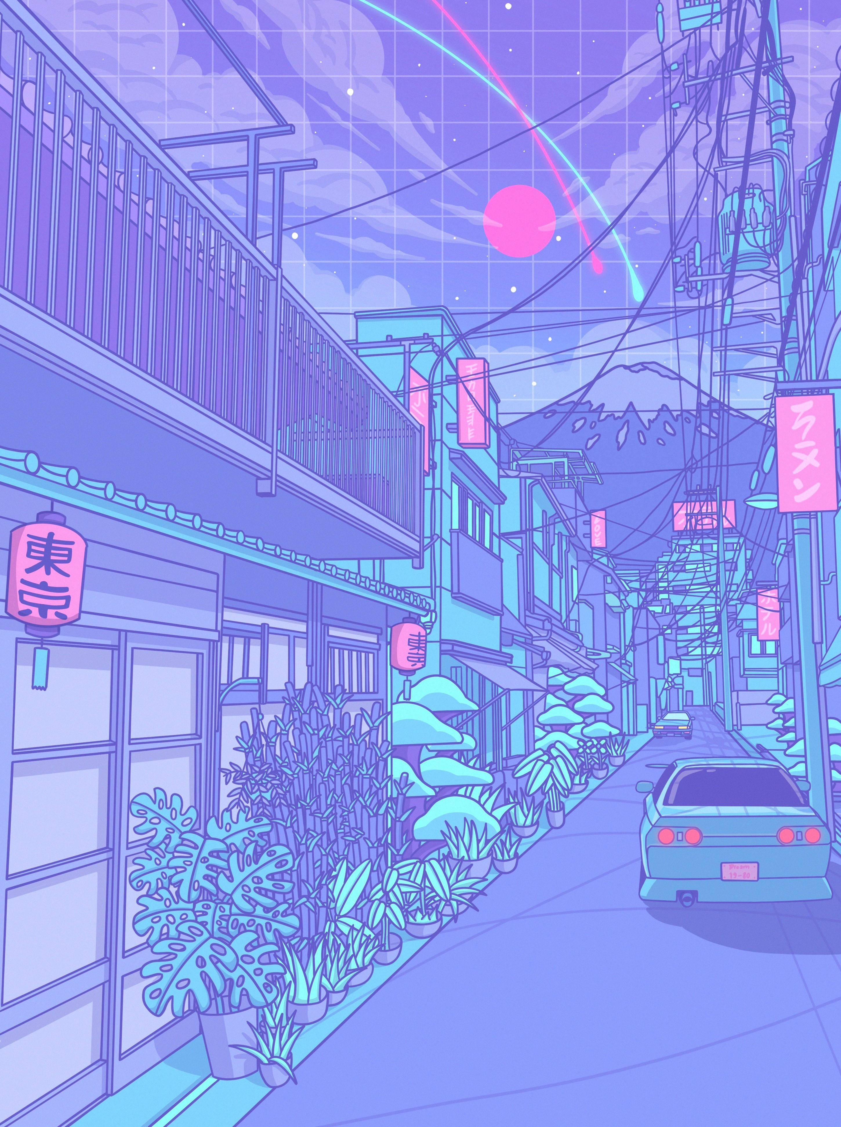 Pastel Japanese Aesthetic, neon-drenched anime street, twilight, 4K Phone Wallpaper