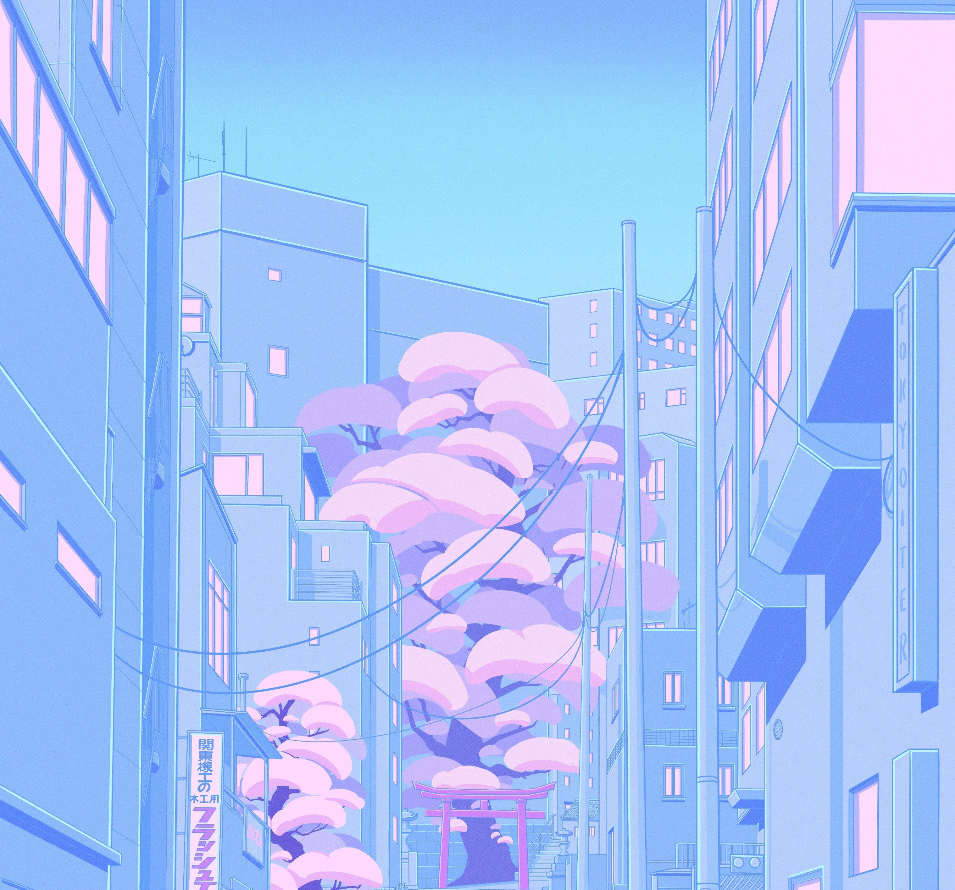 pastel blue, pink cherry blossoms, shrine gate, 2K Desktop Wallpaper
