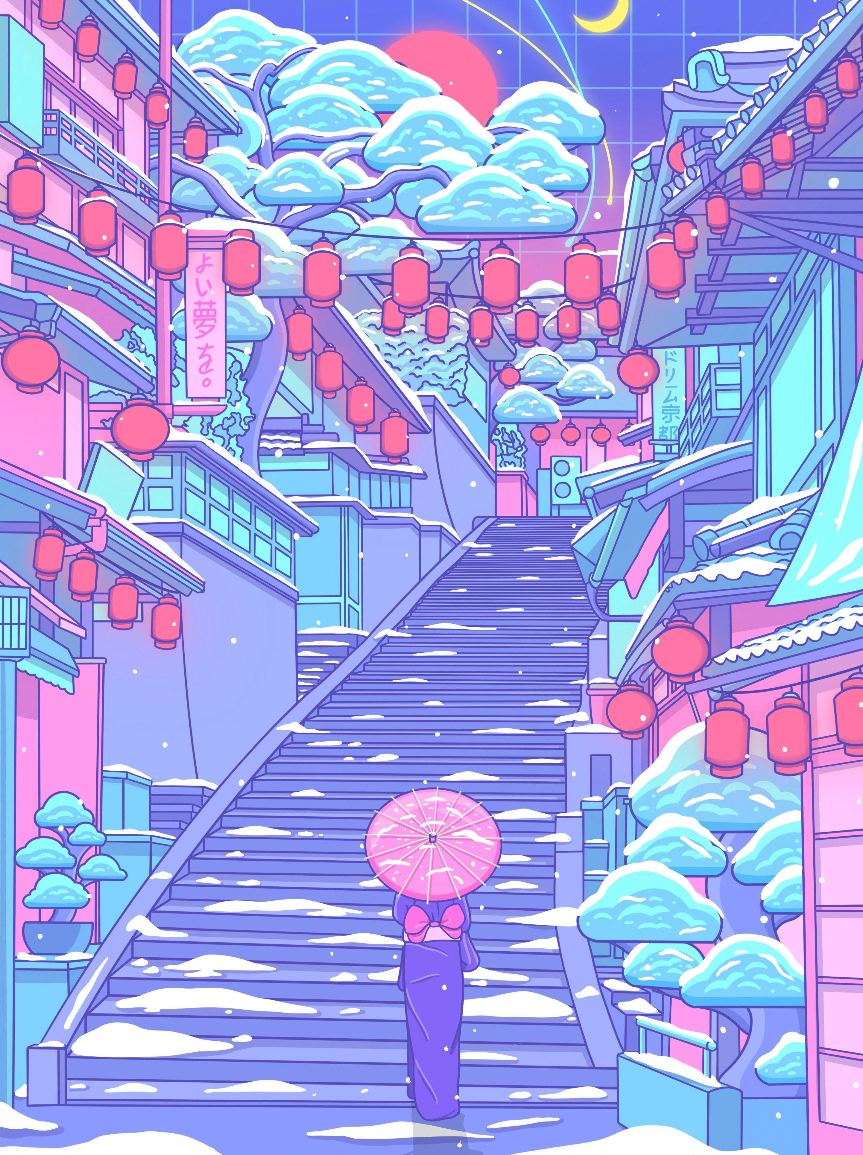 pastel Japanese aesthetic, winter light festival, purple kimono, 4K Phone Wallpaper